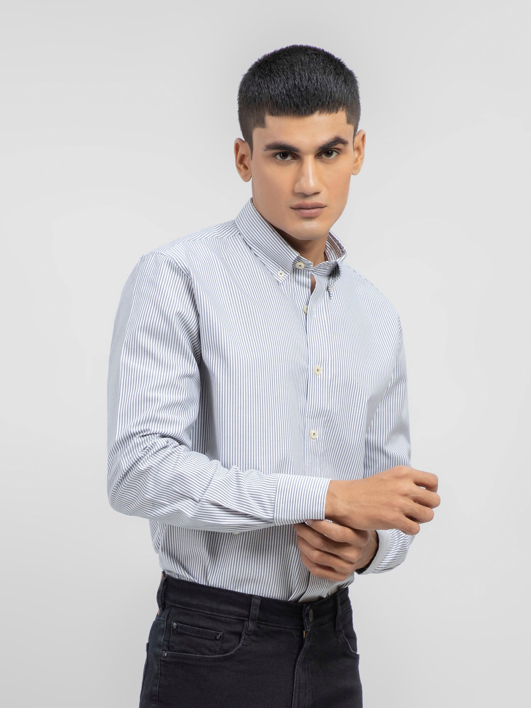 Grey & White Herringbone Striped Shirt