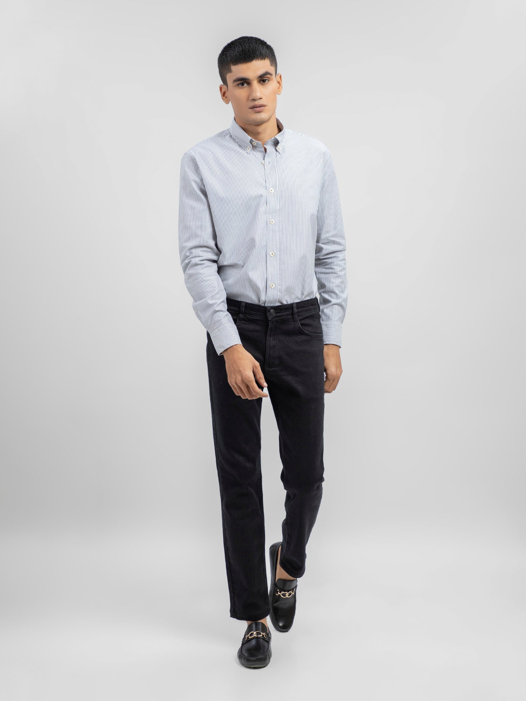 Grey & White Herringbone Striped Shirt