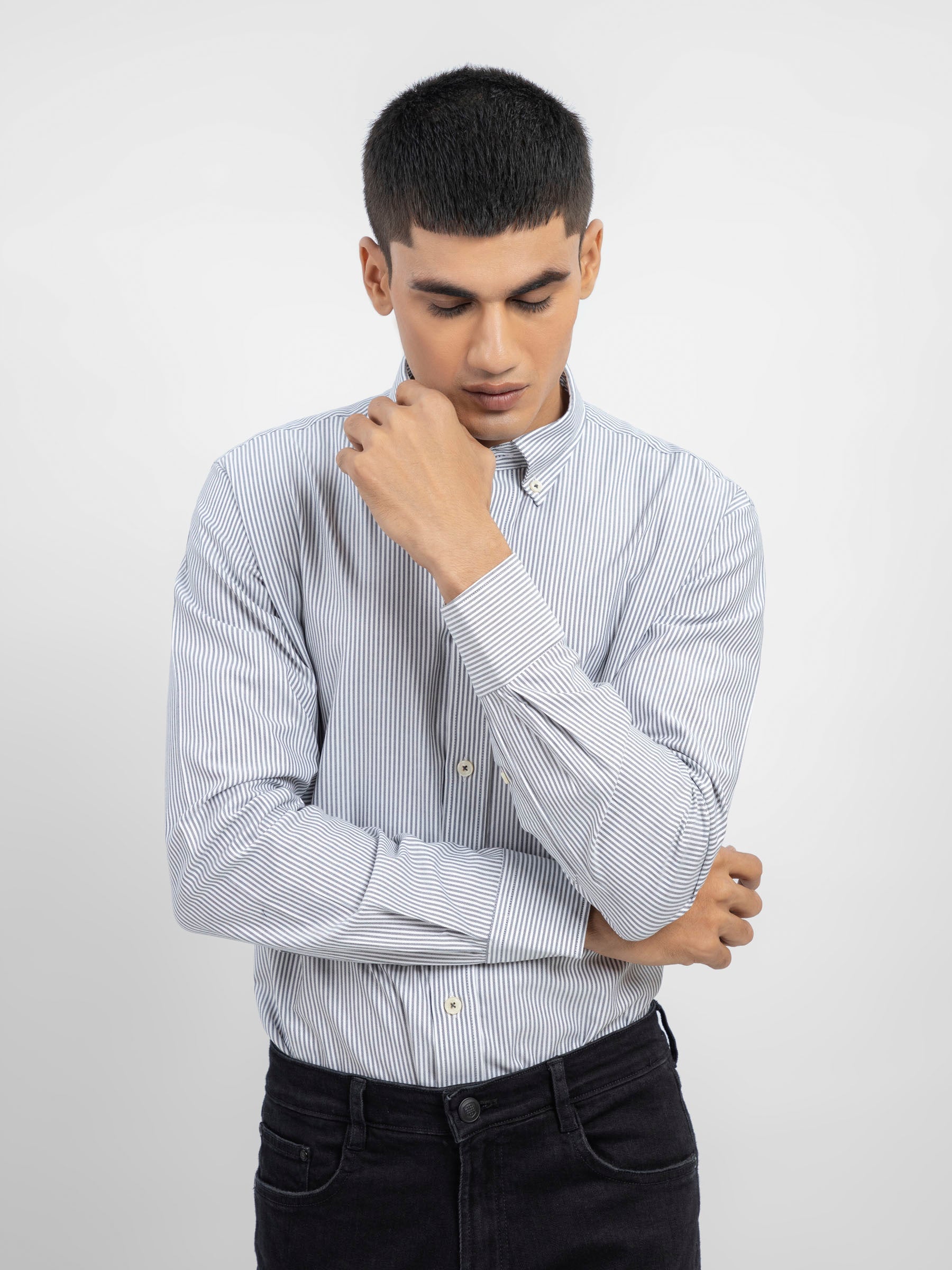 Grey & White Herringbone Striped Shirt