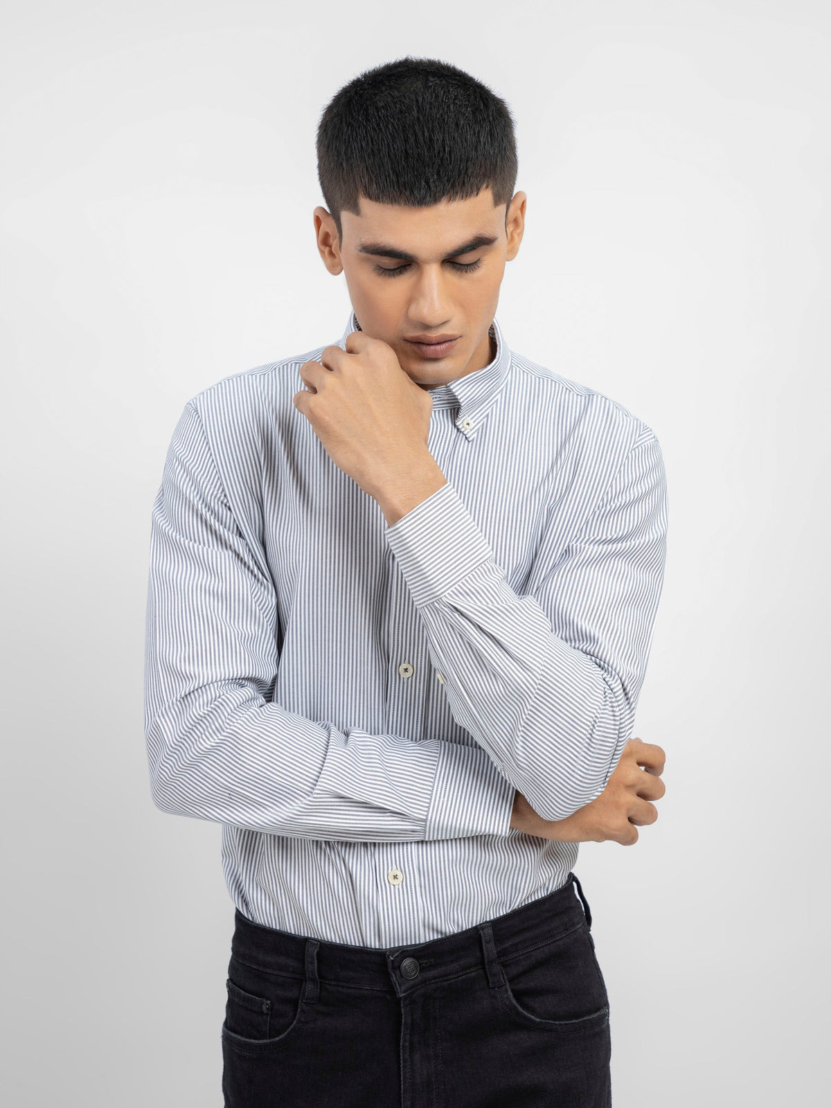Grey & White Herringbone Striped Shirt