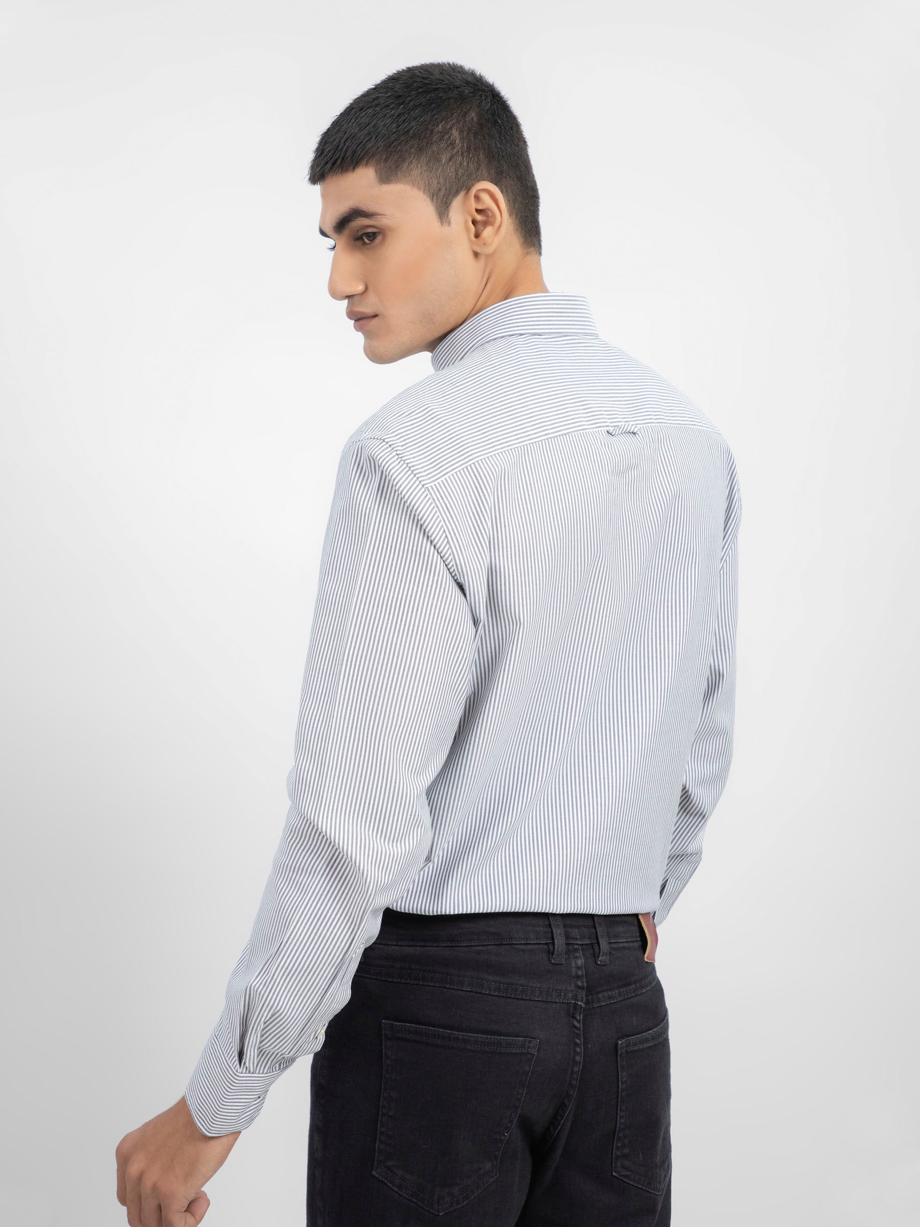 Grey & White Herringbone Striped Shirt