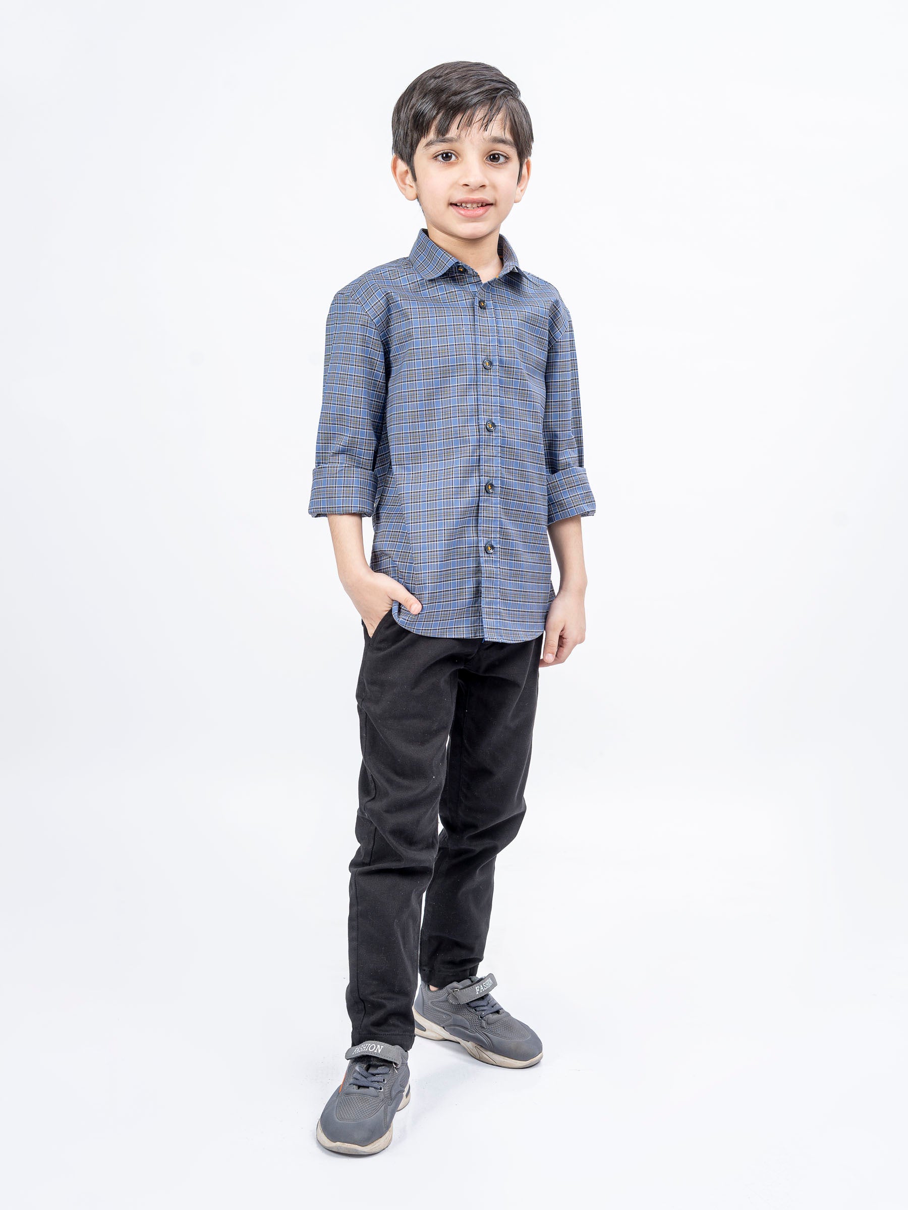 Greyish Blue Tartain Plaid Checkered Shirt