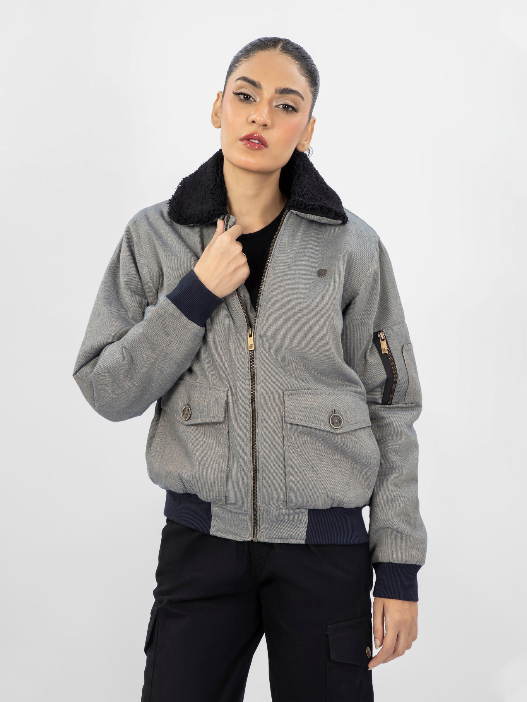 Greyish Blue Twill Sherpa Collar Aviator Jacket - Women