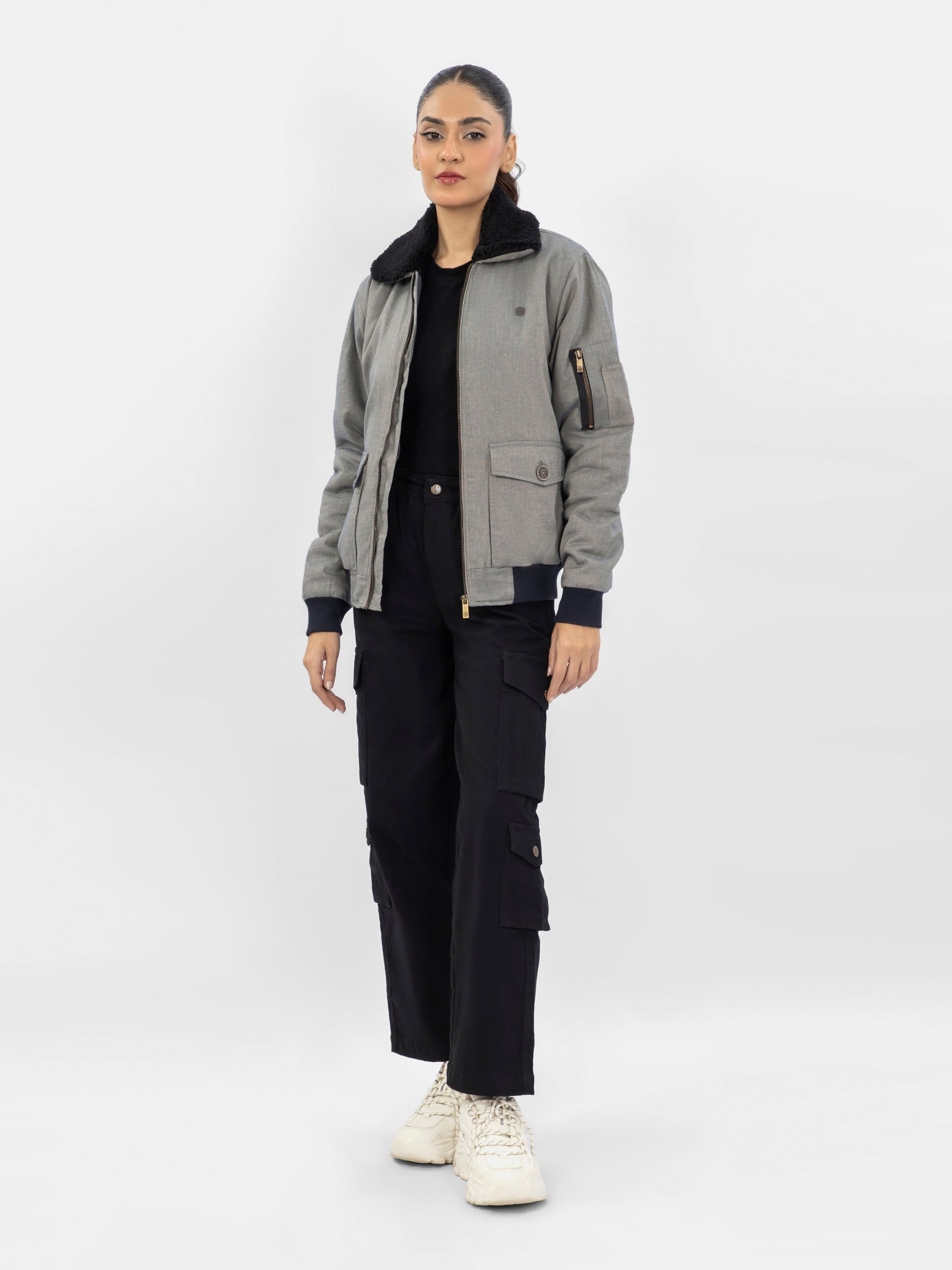 Greyish Blue Twill Sherpa Collar Aviator Jacket - Women