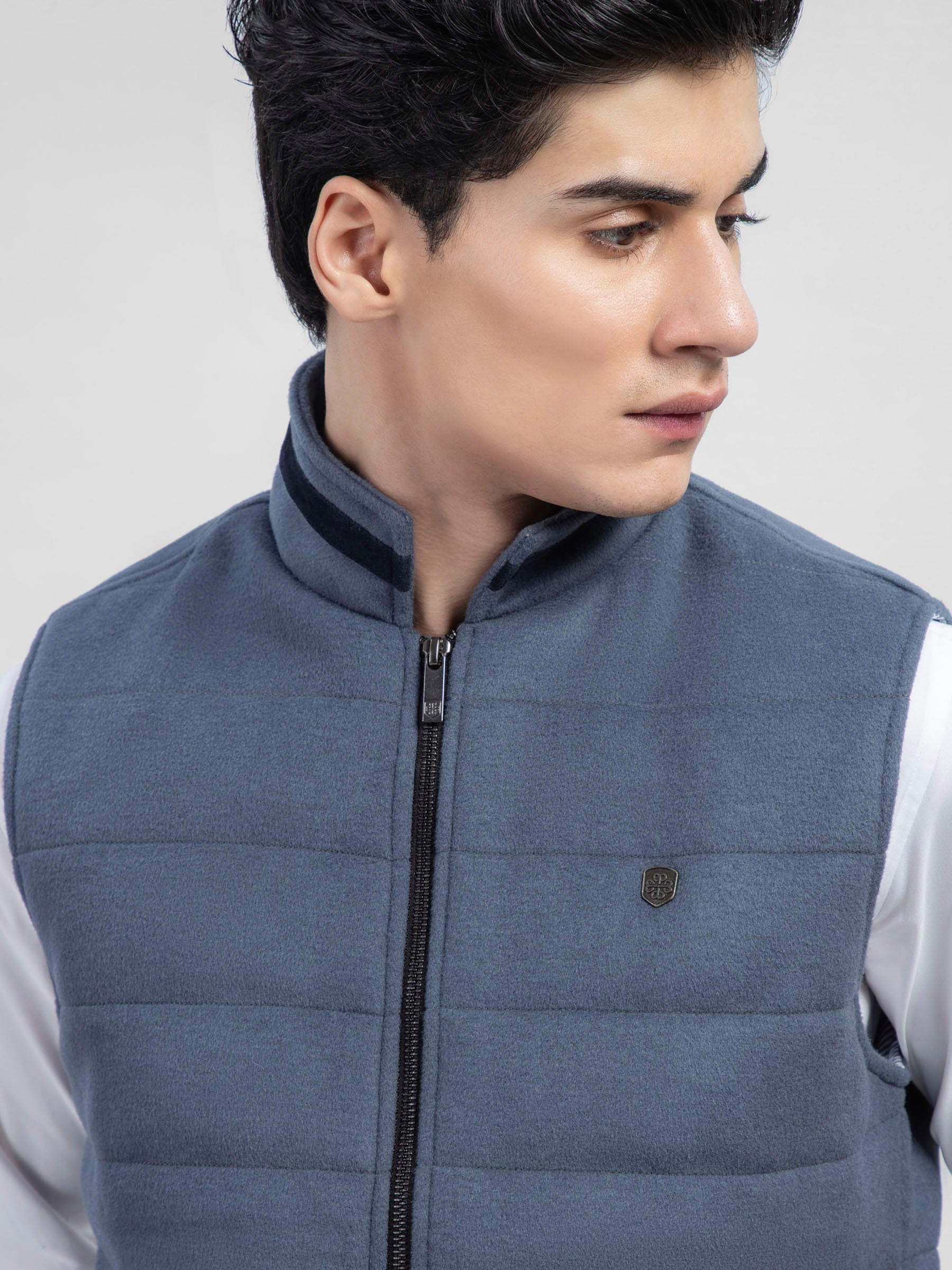 Greyish Blue Wool Blended Sleeveless Quilted Jacket