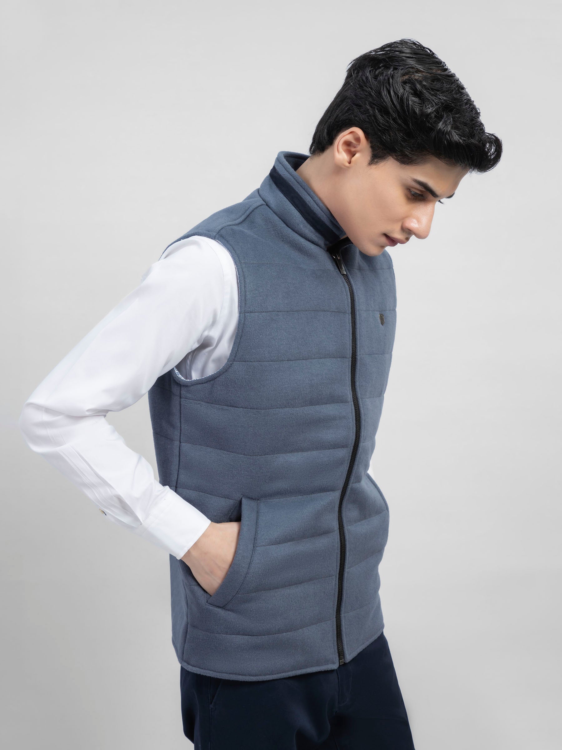 Greyish Blue Wool Blended Sleeveless Quilted Jacket
