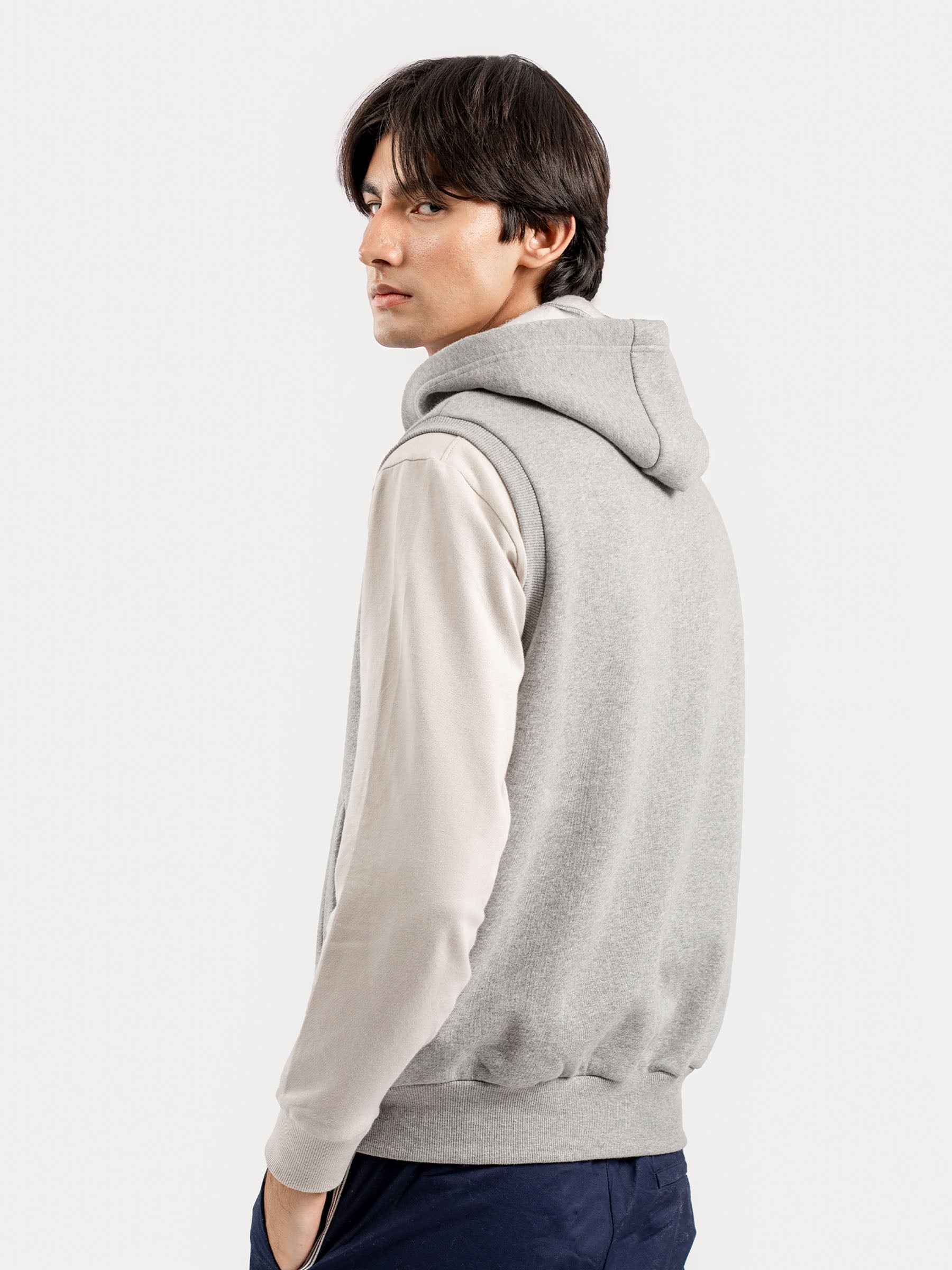Heather Grey Sleeveless Zipper Jacket With Hoodie