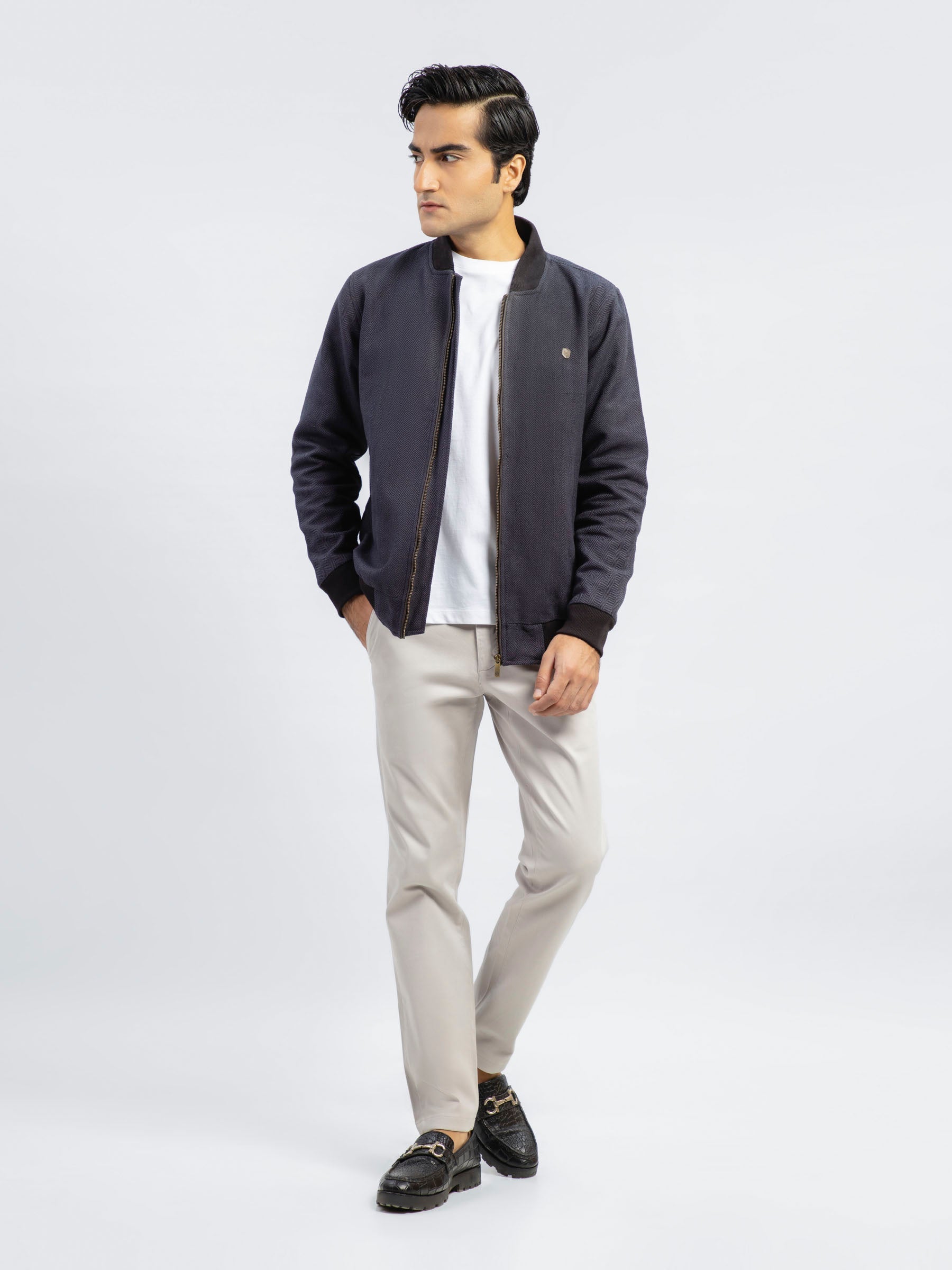 Indigo Blue Herringbone Structured Bomber Jacket