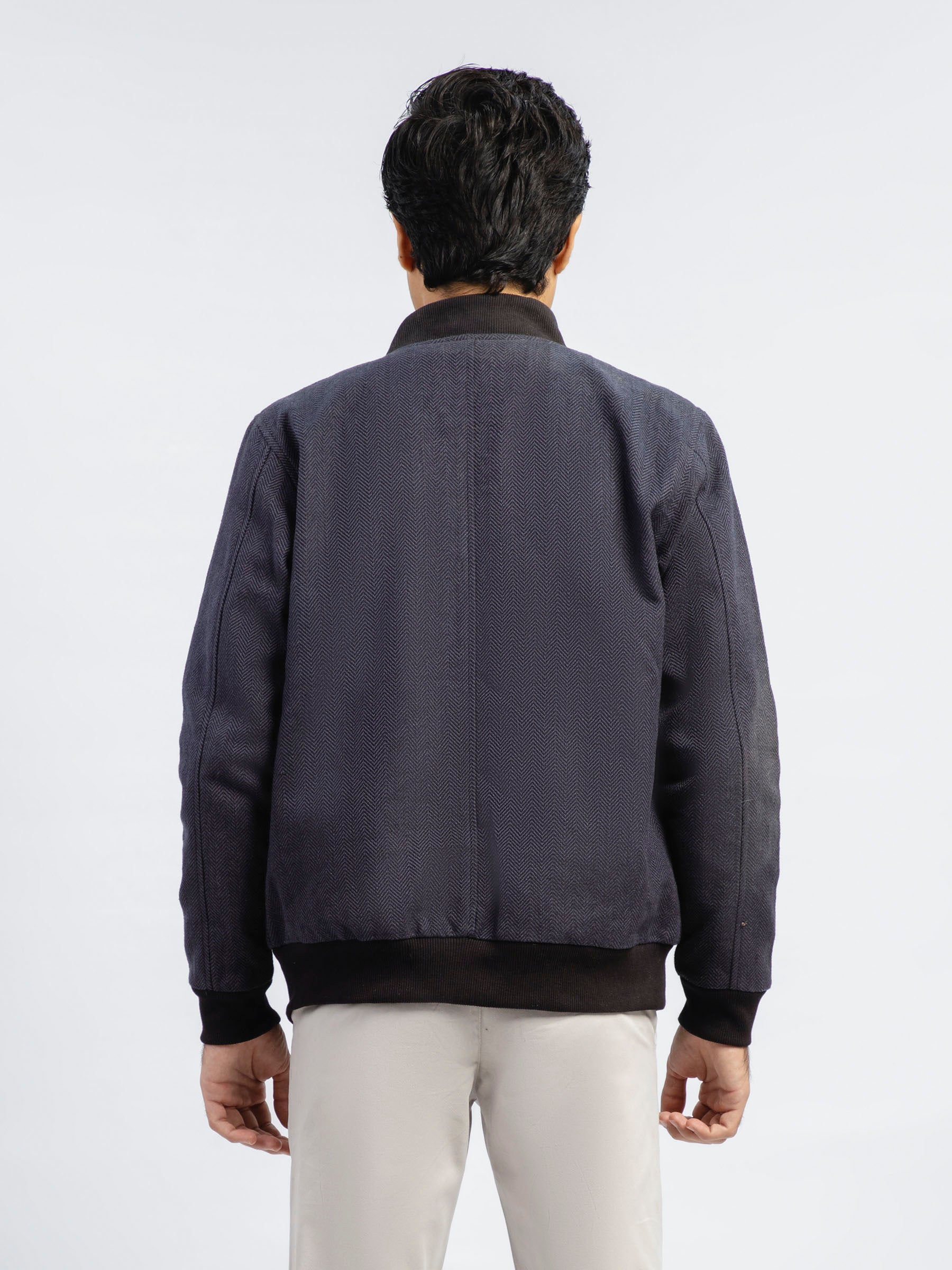 Indigo Blue Herringbone Structured Bomber Jacket