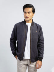 Indigo Blue Herringbone Structured Bomber Jacket