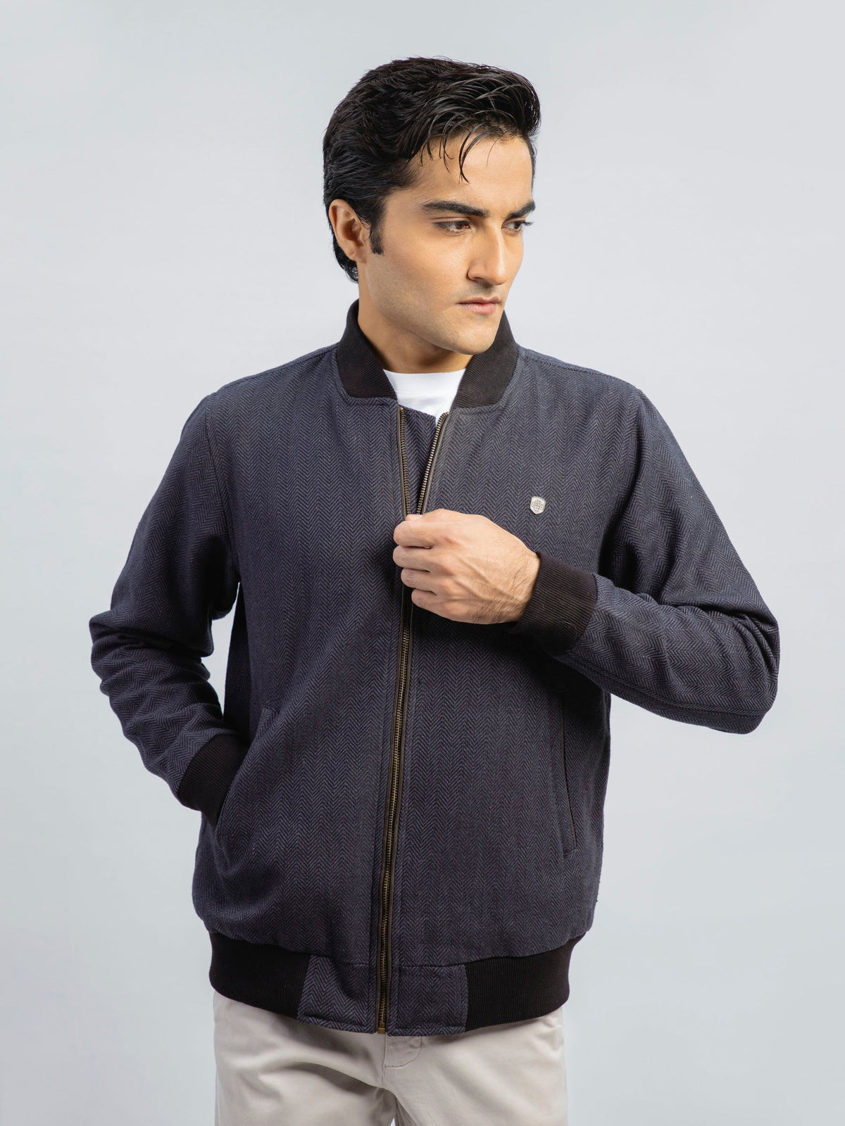 Indigo Blue Herringbone Structured Bomber Jacket