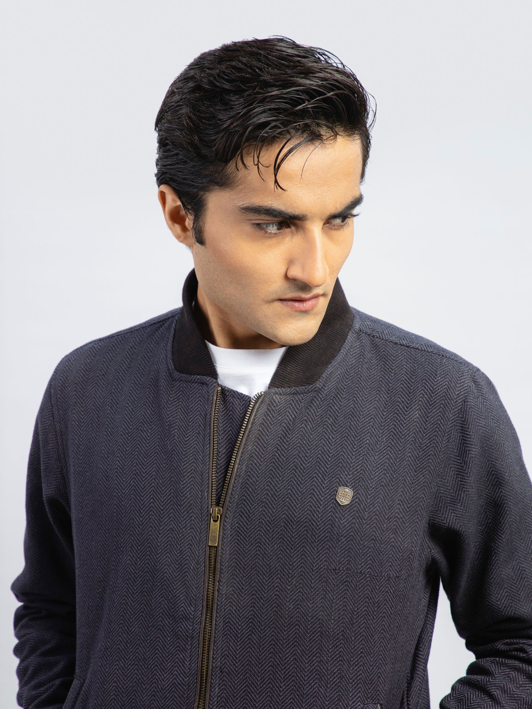 Indigo Blue Herringbone Structured Bomber Jacket
