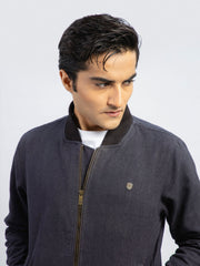 Indigo Blue Herringbone Structured Bomber Jacket