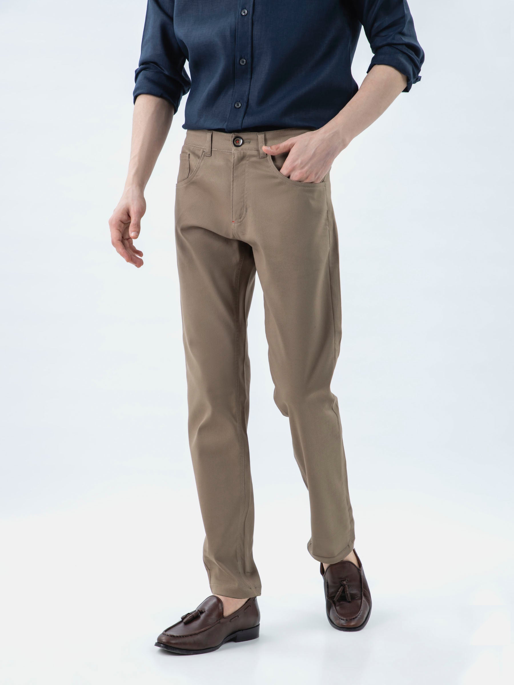 Khaki Dobby Structured Five Pocket Trouser