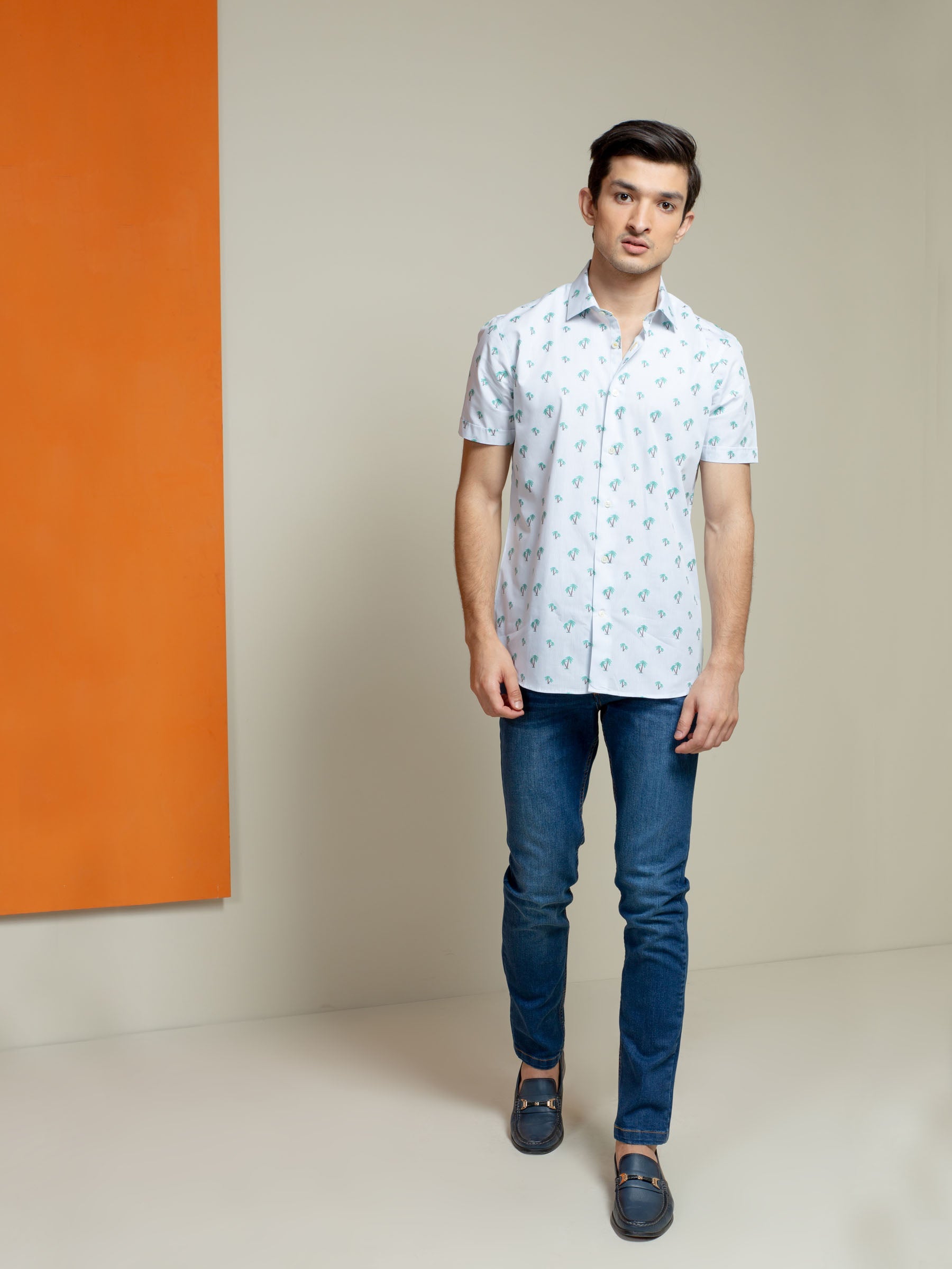 Light Blue Tree Patterned Half Sleeve Shirt