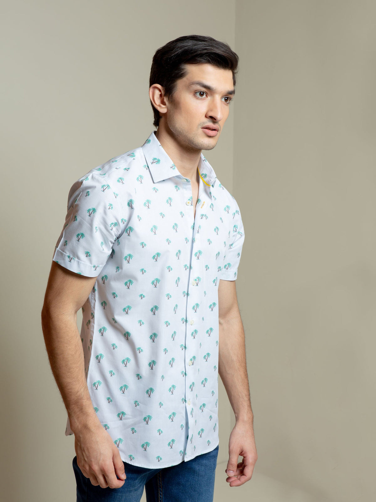 Light Blue Tree Patterned Half Sleeve Shirt