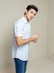 Light Blue Tree Patterned Half Sleeve Shirt