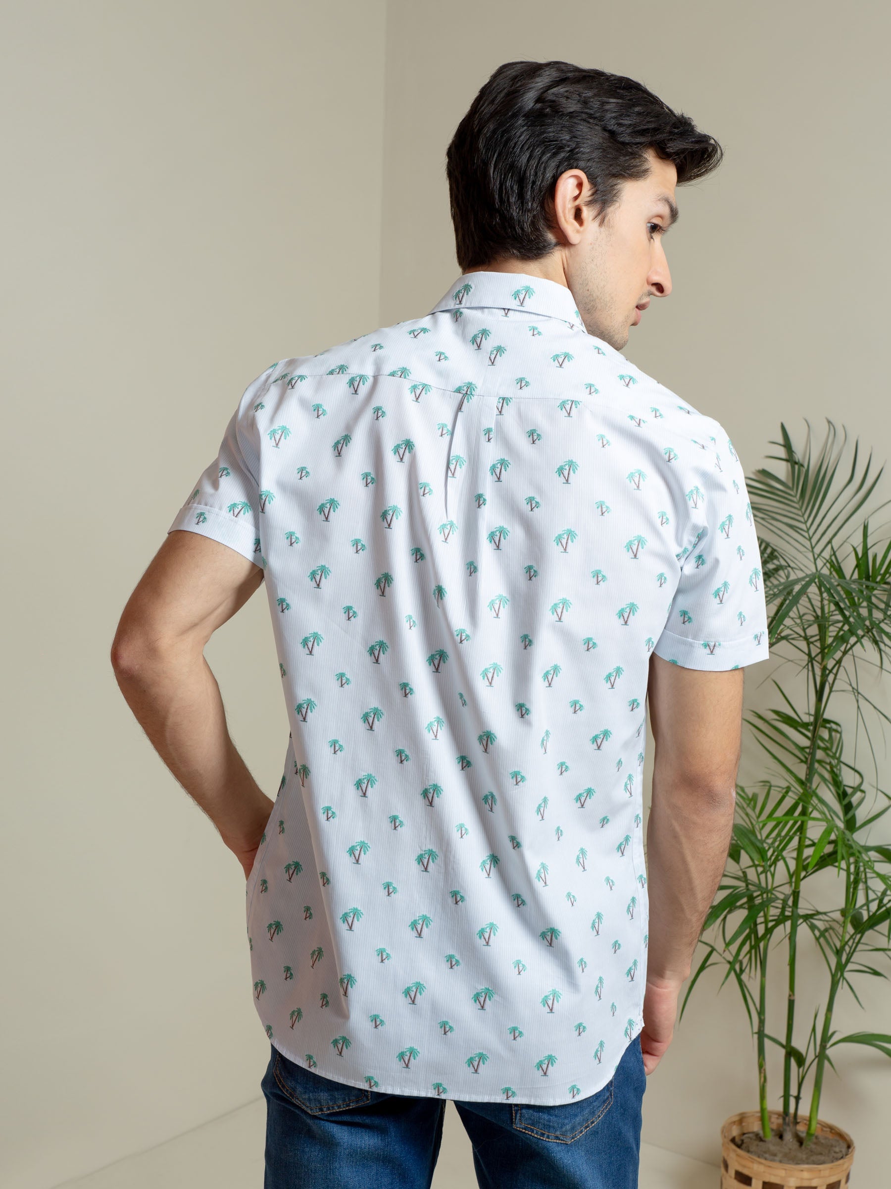Light Blue Tree Patterned Half Sleeve Shirt