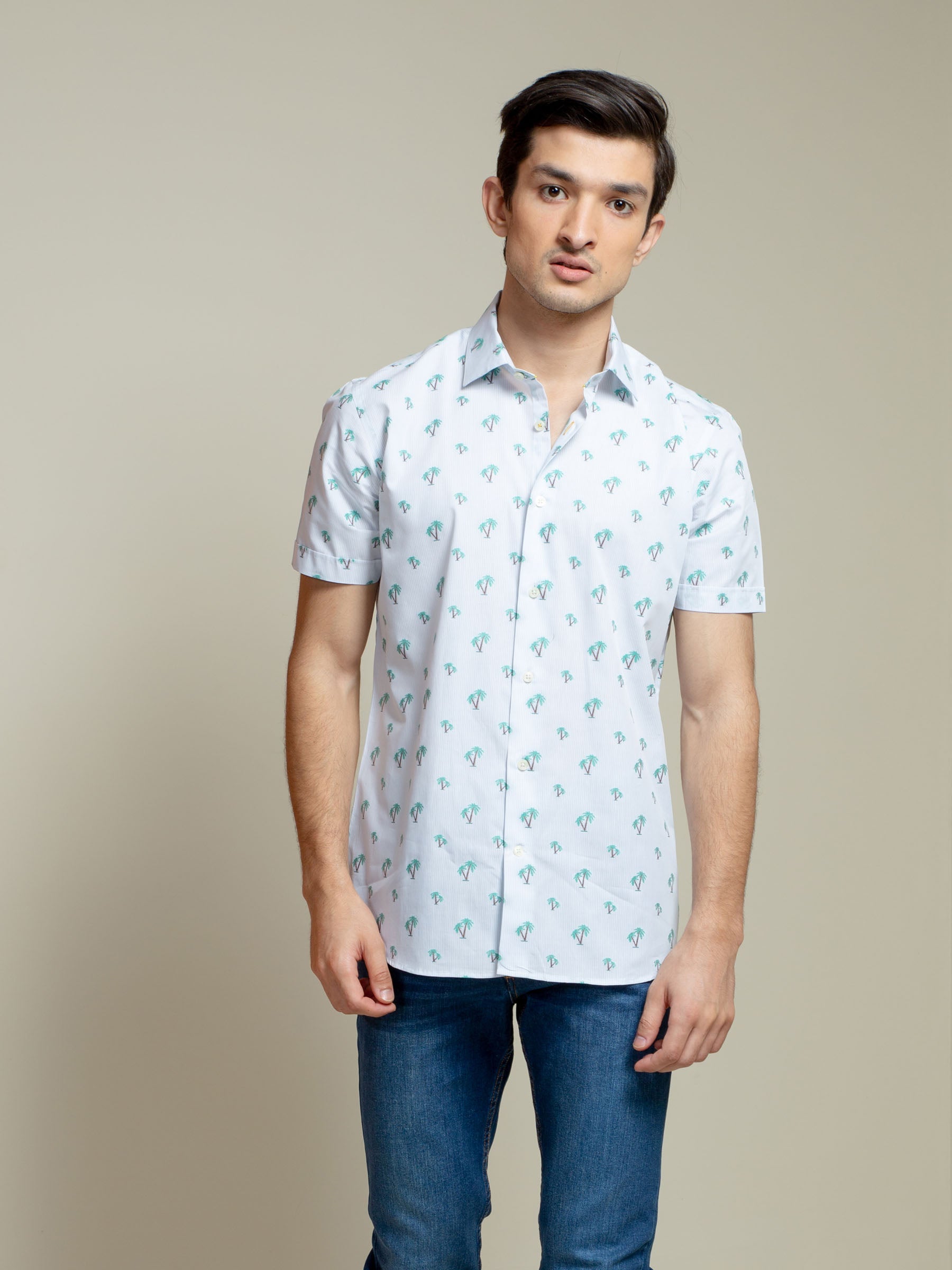 Light Blue Tree Patterned Half Sleeve Shirt