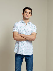 Light Blue Tree Patterned Half Sleeve Shirt