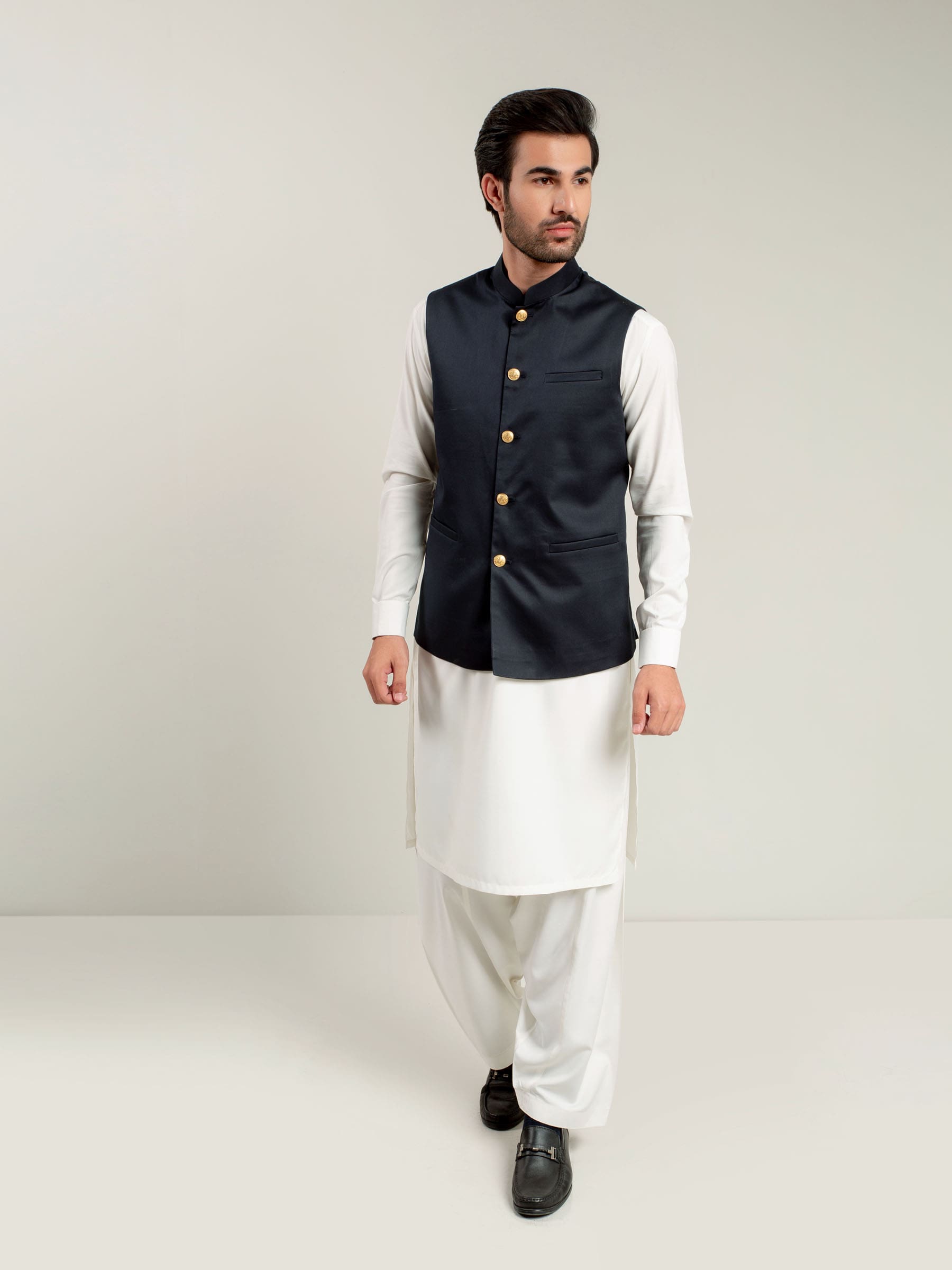 Light Navy Waistcoat With Golden Buttons