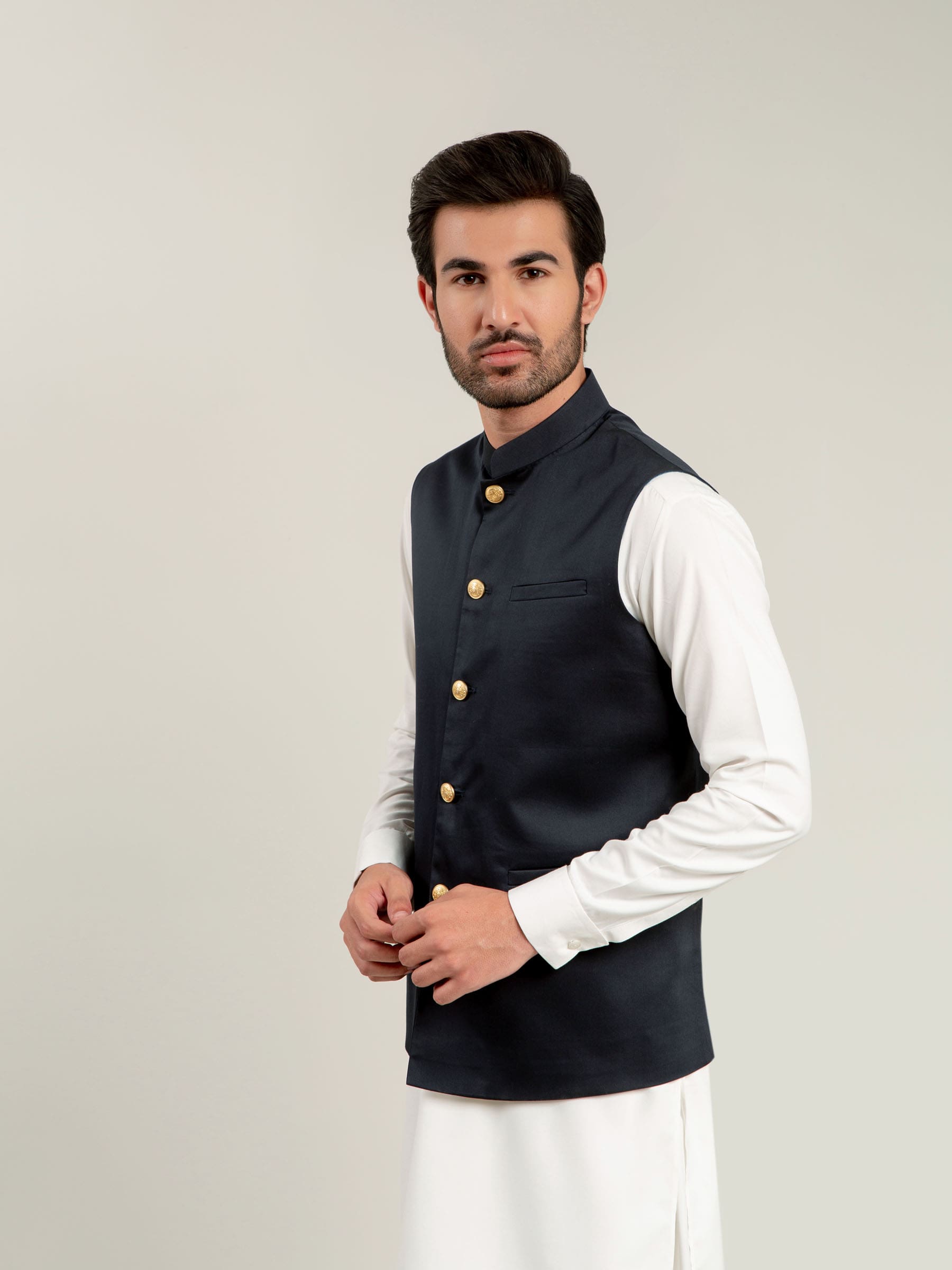 Light Navy Waistcoat With Golden Buttons