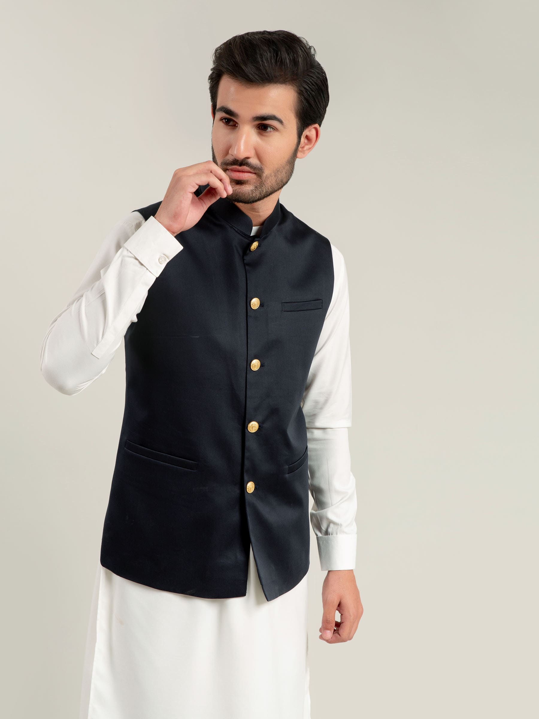 Light Navy Waistcoat With Golden Buttons
