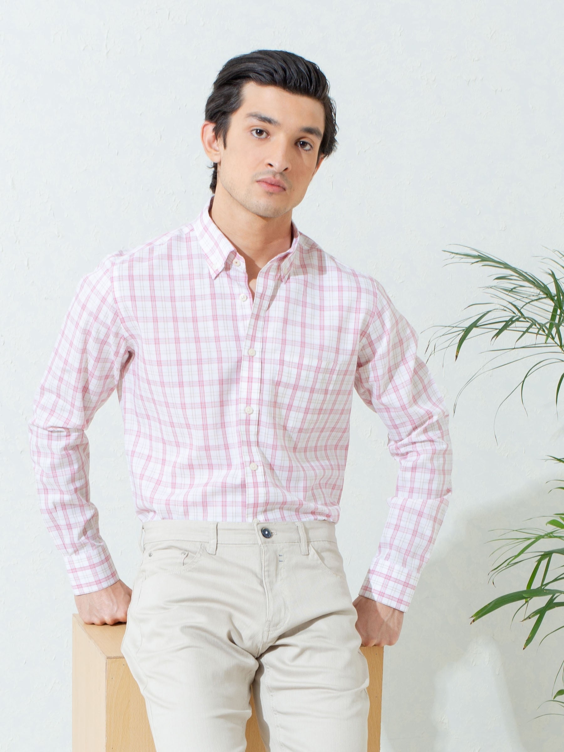 Light Pink Checkered Button Down Shirt