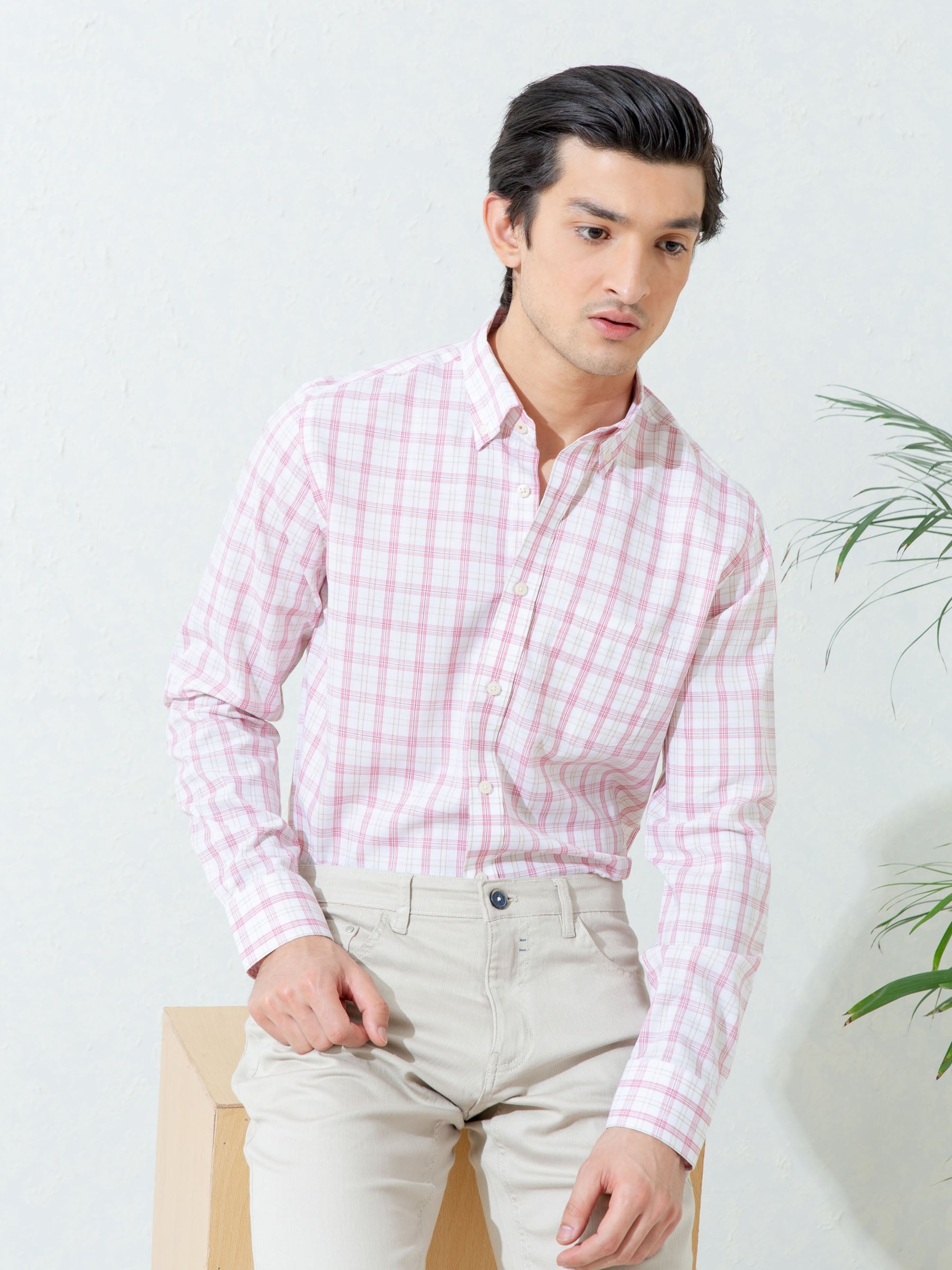 Light Pink Checkered Button Down Shirt