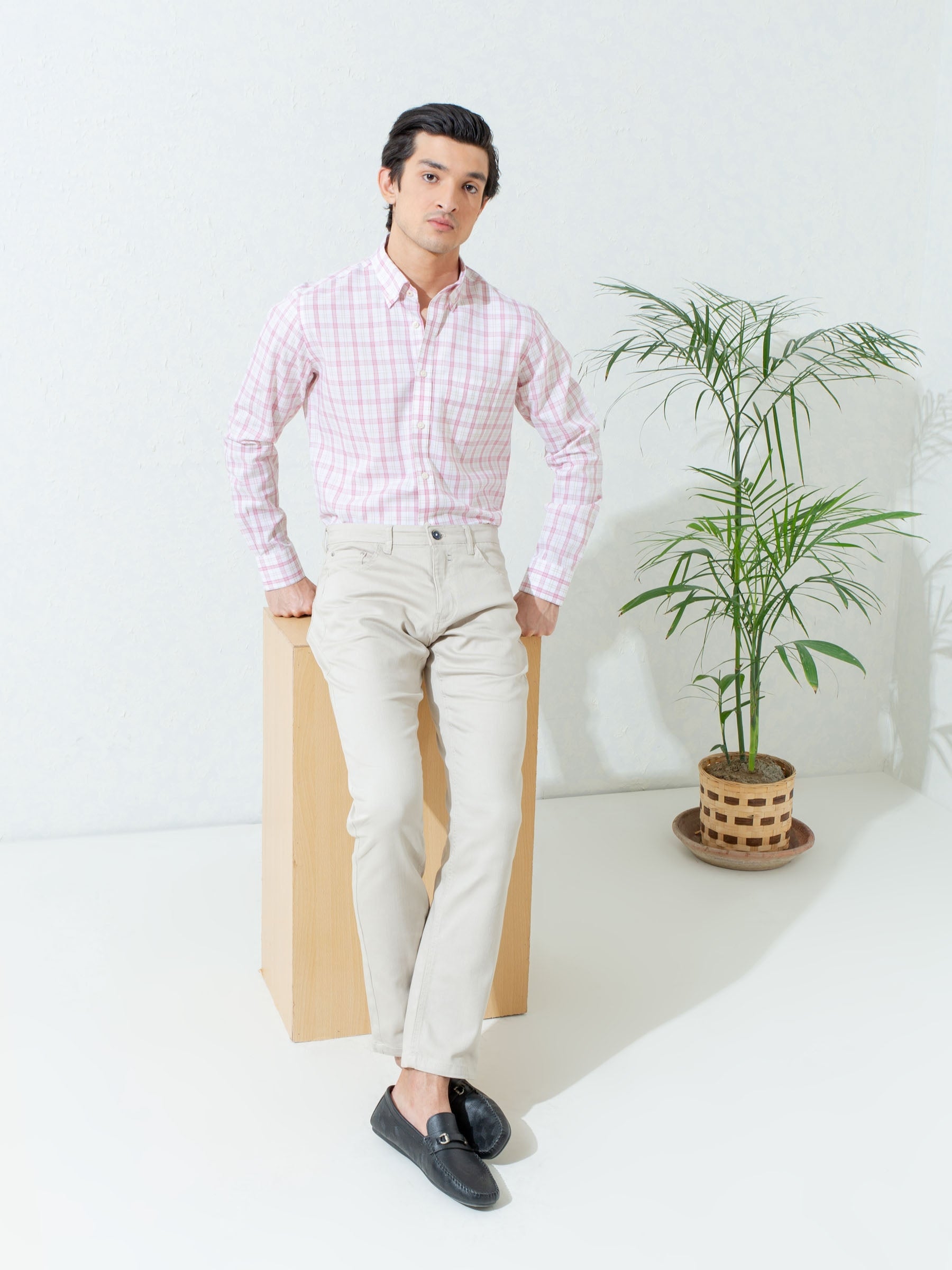 Light Pink Checkered Button Down Shirt