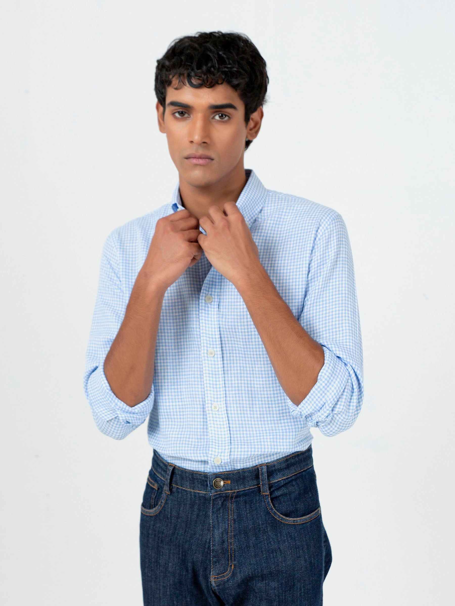 Light Blue Gingham Cotton/Linen Shirt