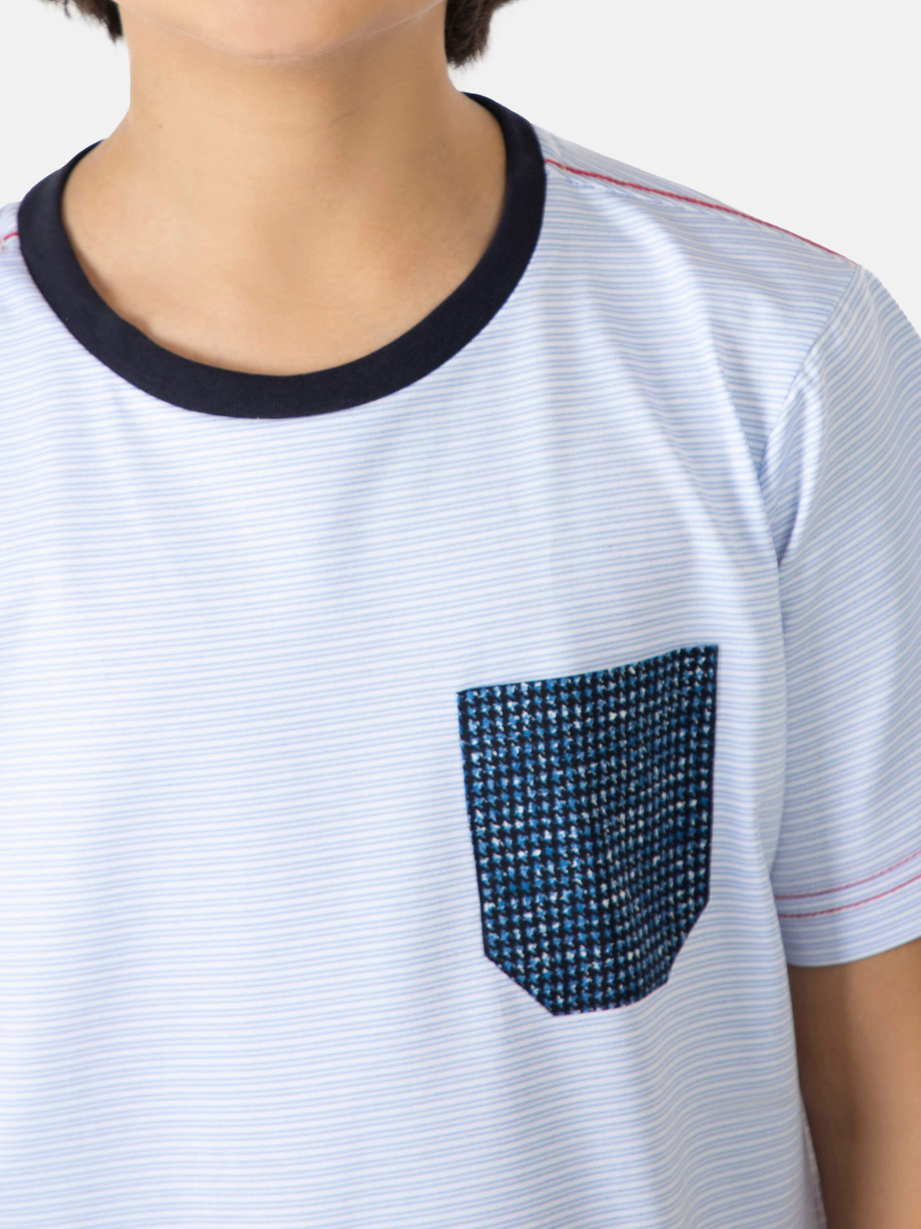 Light Blue Striped Short Sleeve Casual T-Shirt With Contrasting Pocket