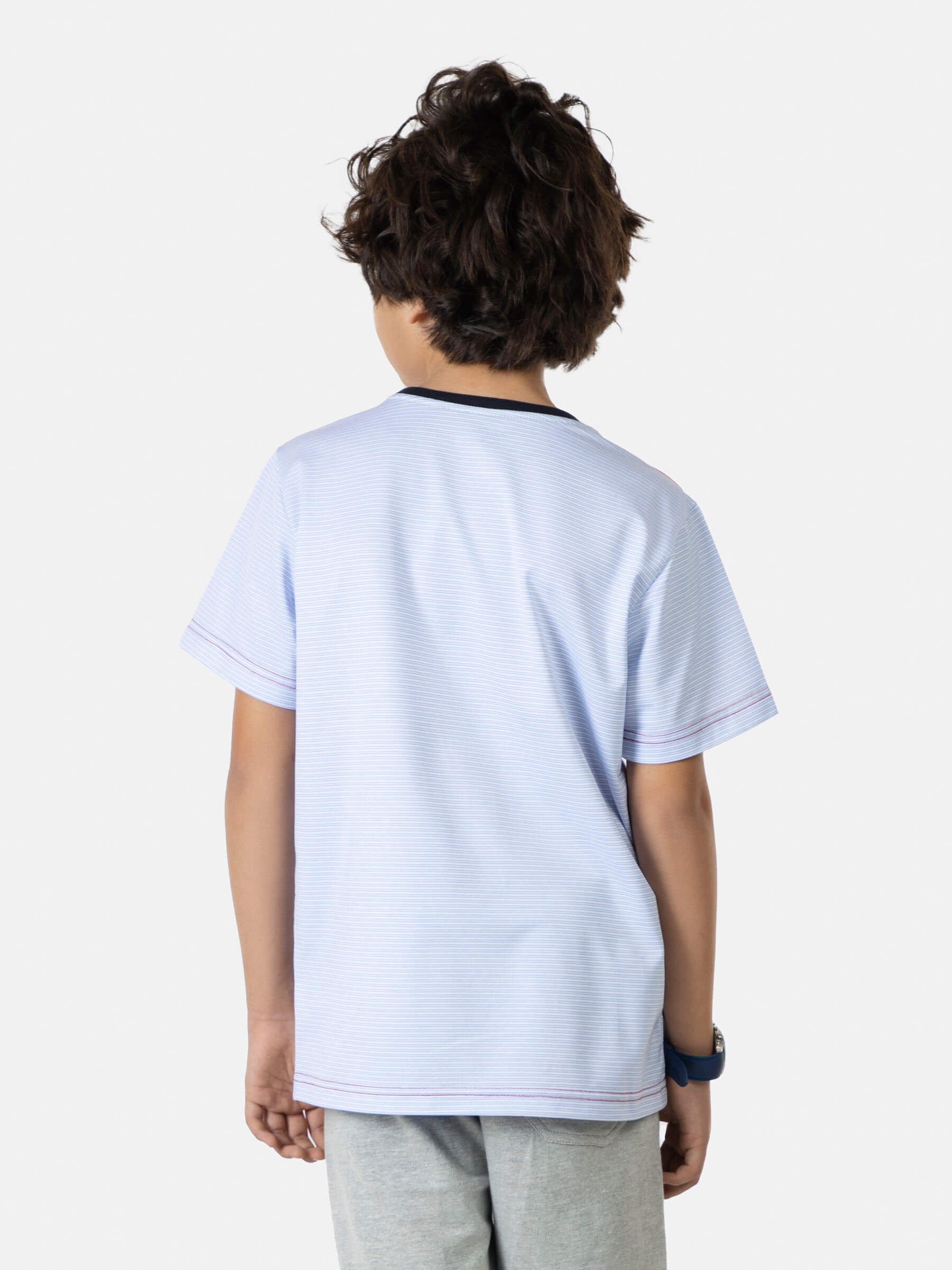 Light Blue Striped Short Sleeve Casual T-Shirt With Contrasting Pocket