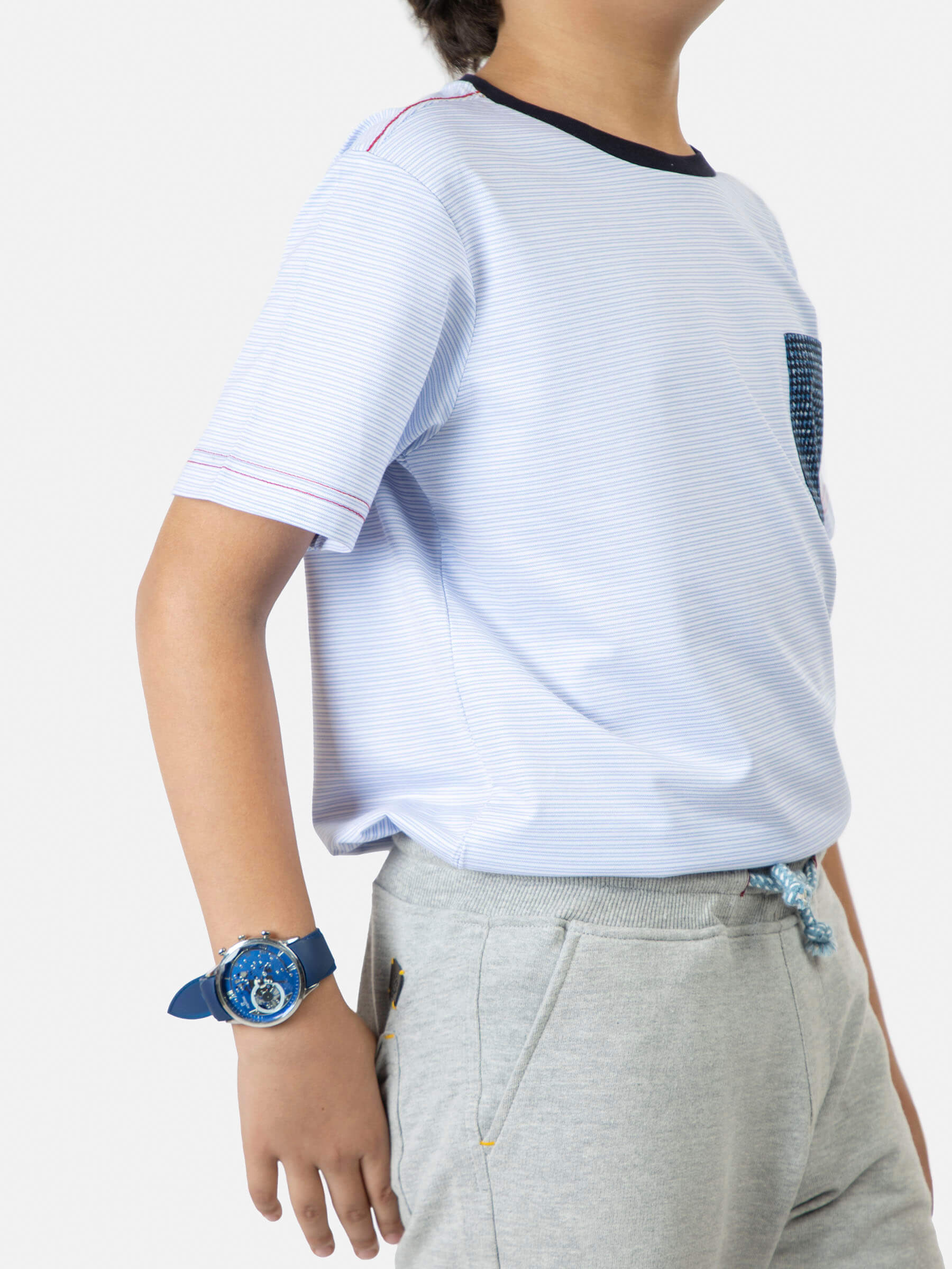 Light Blue Striped Short Sleeve Casual T-Shirt With Contrasting Pocket