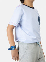 Light Blue Striped Short Sleeve Casual T-Shirt With Contrasting Pocket