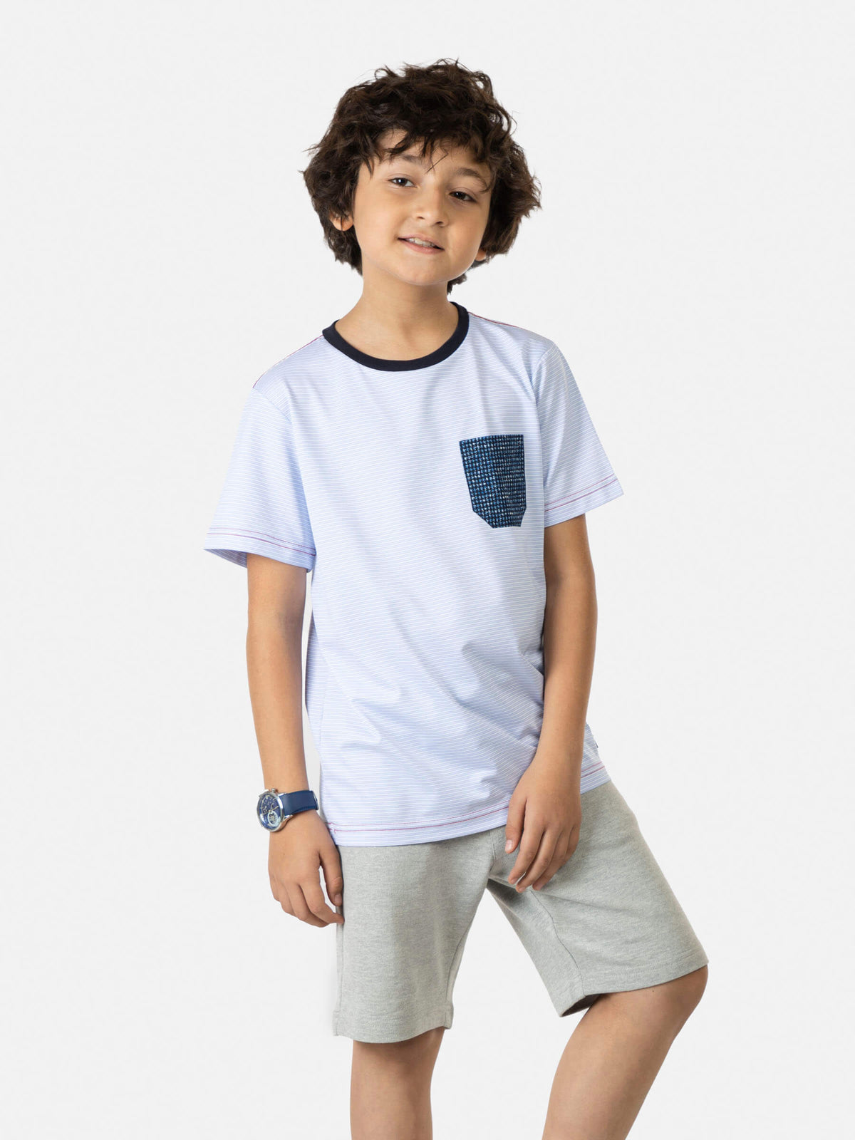 Light Blue Striped Short Sleeve Casual T-Shirt With Contrasting Pocket