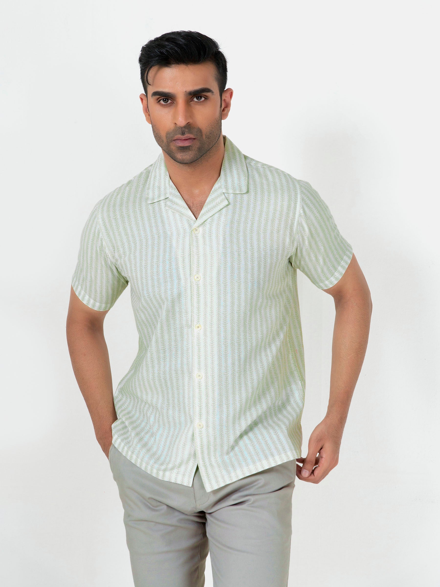 Light Green Half Sleeve Cuban Collar Shirt