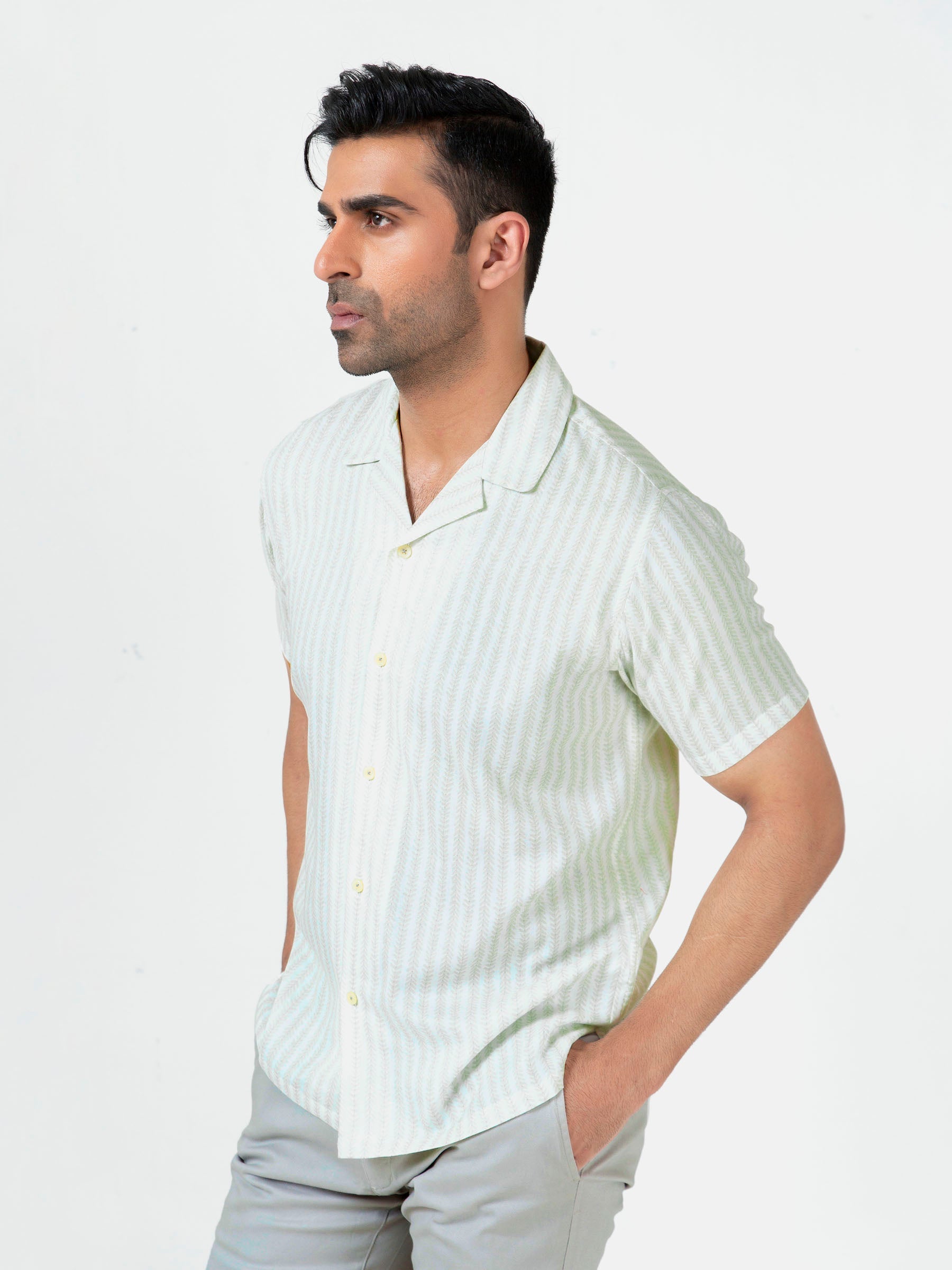Light Green Half Sleeve Cuban Collar Shirt