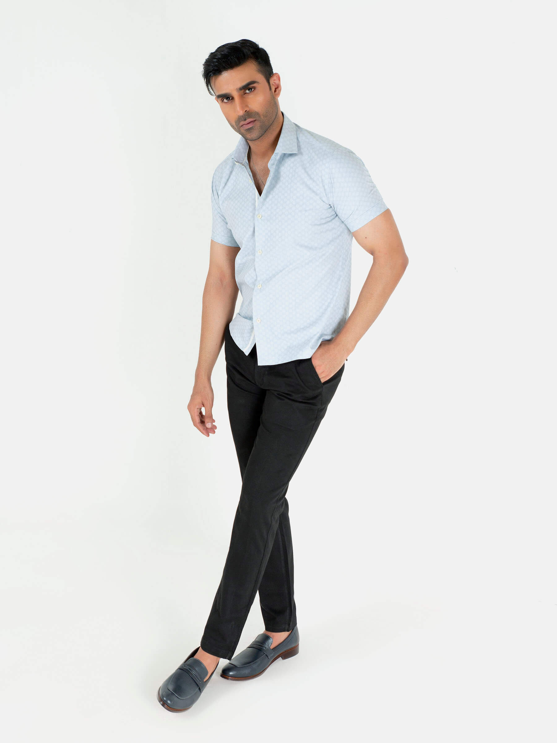 Light Grey Jacquard Patterned Half Sleeve Shirt