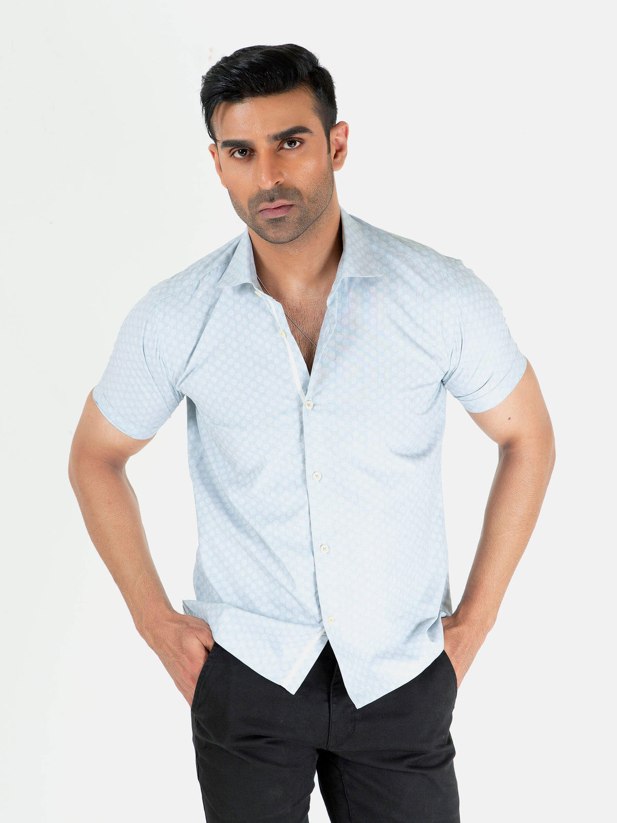 Light Grey Jacquard Patterned Half Sleeve Shirt