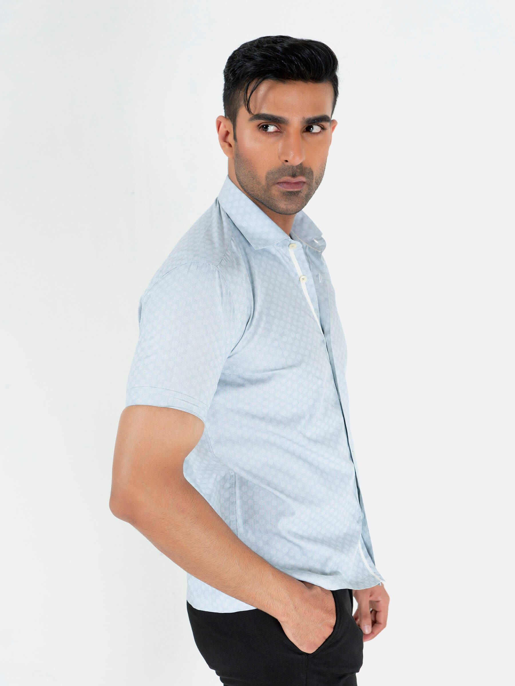 Light Grey Jacquard Patterned Half Sleeve Shirt
