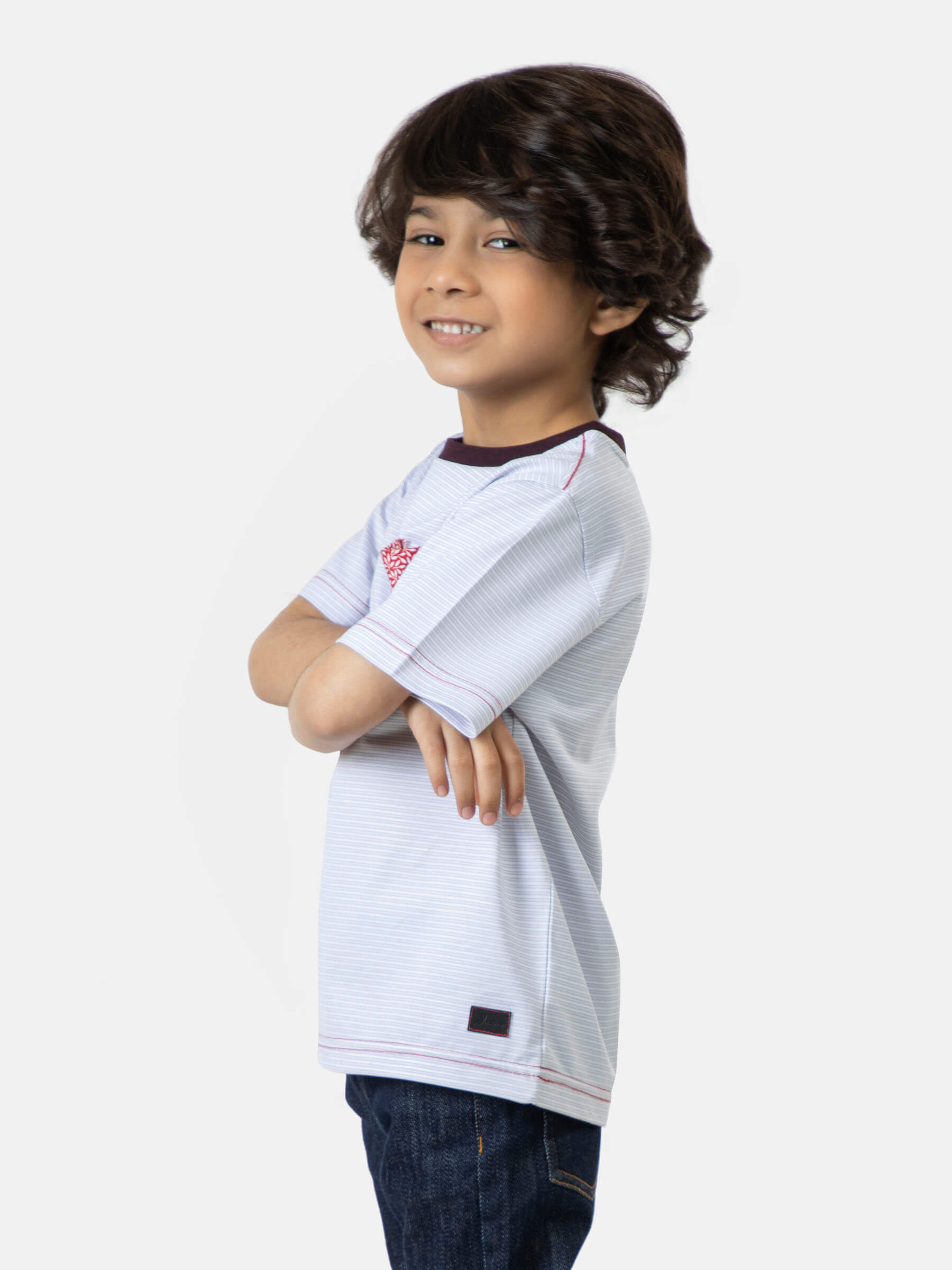 Light Grey Striped Short Sleeve Casual T-Shirt With Contrasting Pocket
