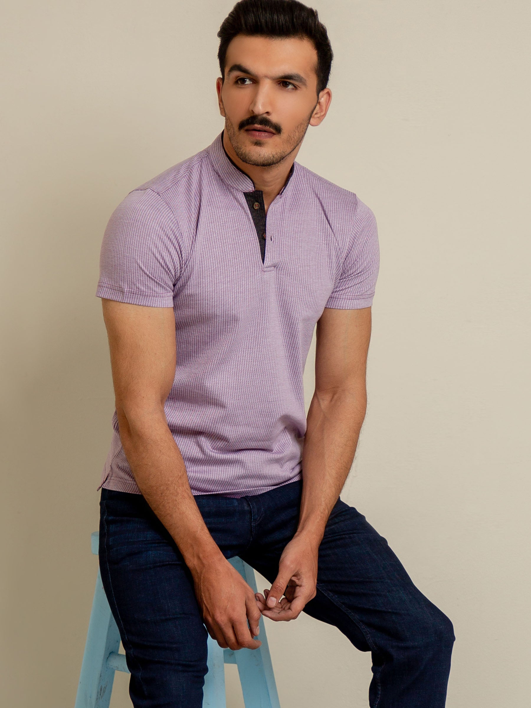 Lilac Herringbone Mao Collar Polo Shirt