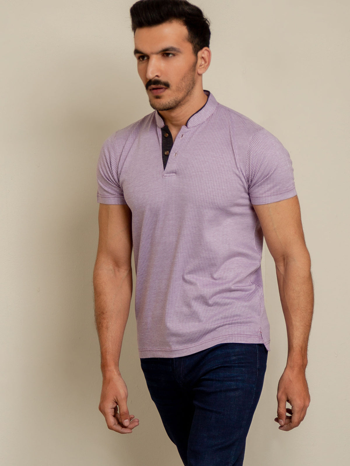 Lilac Herringbone Mao Collar Polo Shirt