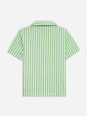 Lime Green Seersucked Striped Cuban Collar Shirt - Junior