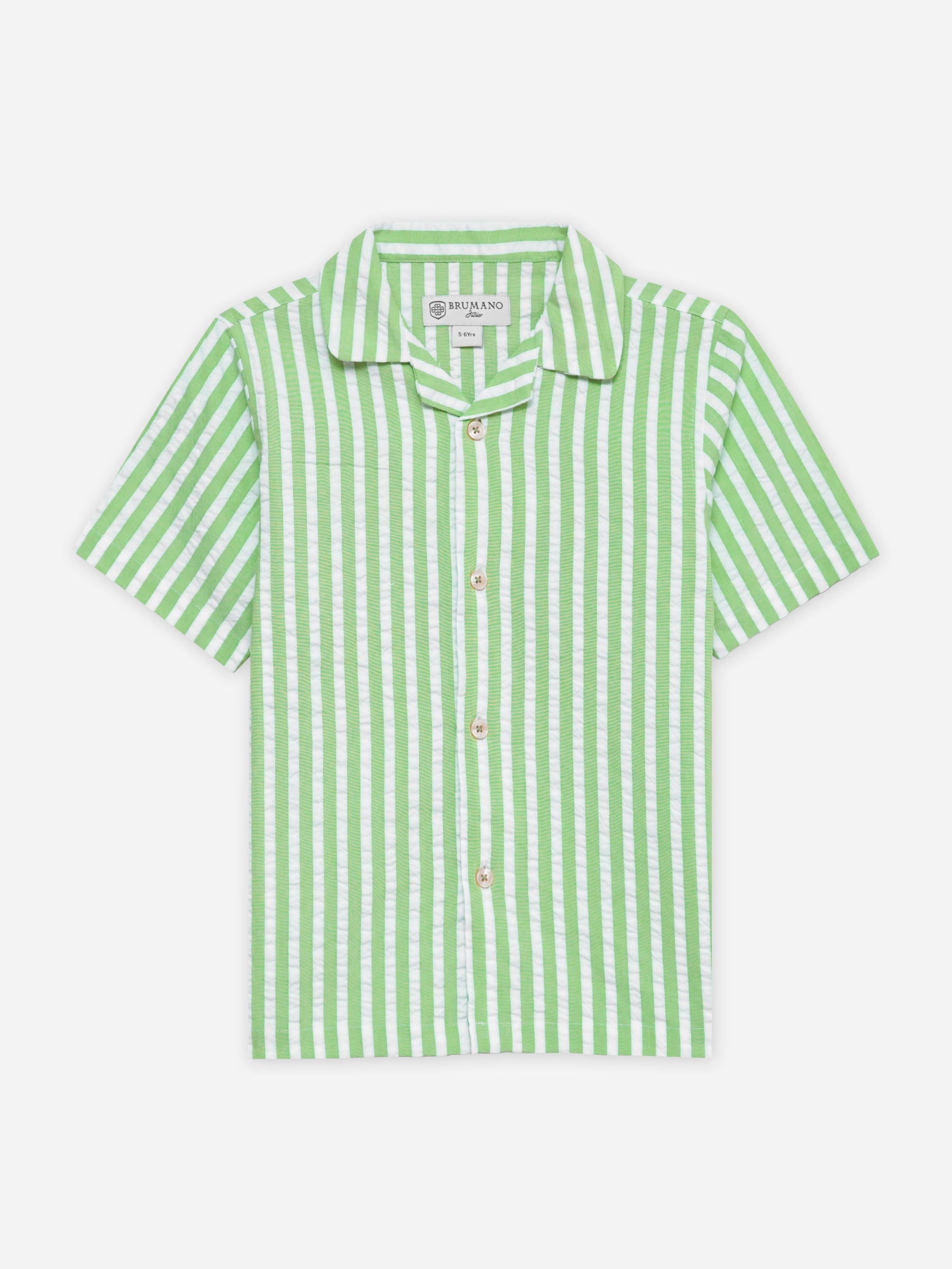 Lime Green Seersucked Striped Cuban Collar Shirt - Junior