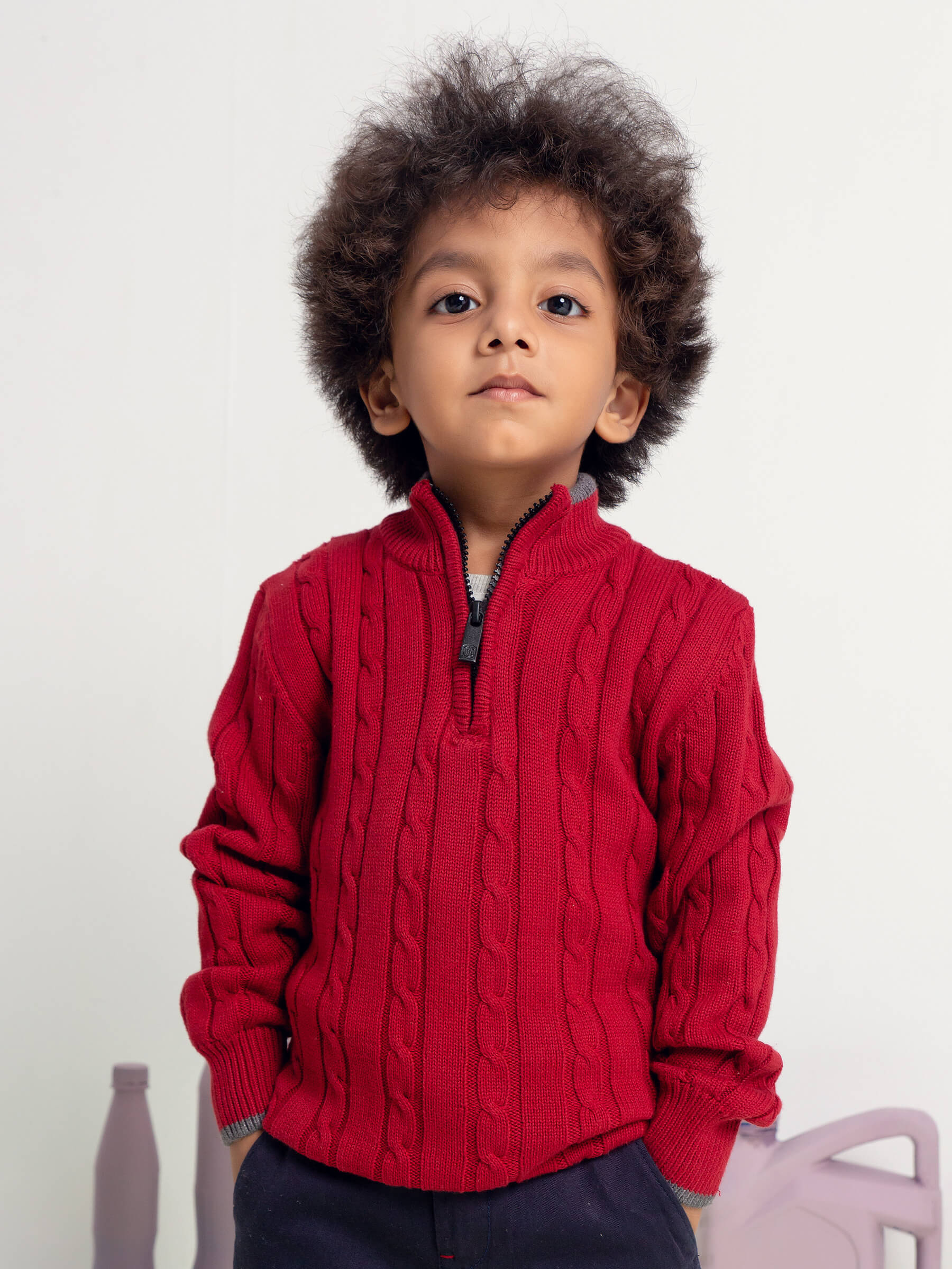 Maroon Cable Knitted Mock Neck Casual Sweater