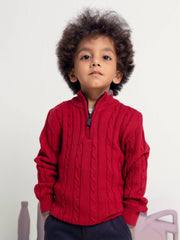 Maroon Cable Knitted Mock Neck Casual Sweater