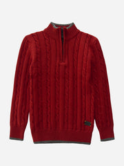 Maroon Cable Knitted Mock Neck Casual Sweater