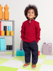 Maroon Cable Knitted Mock Neck Casual Sweater